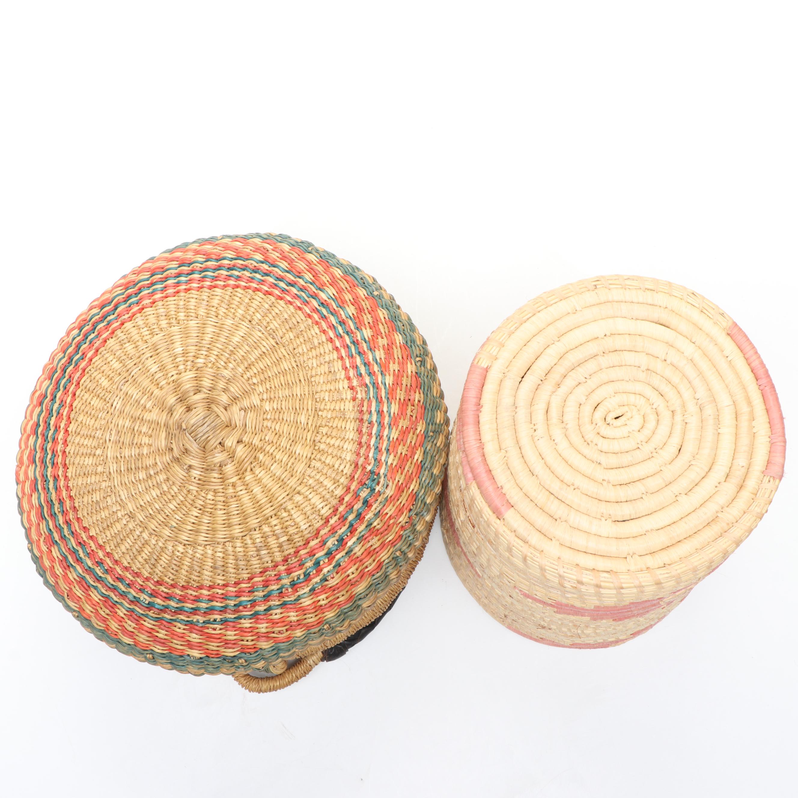 Ethiopian Muday Handwoven Colored Tray, Ghana Bolga Basket, Uganda Coiled Basket