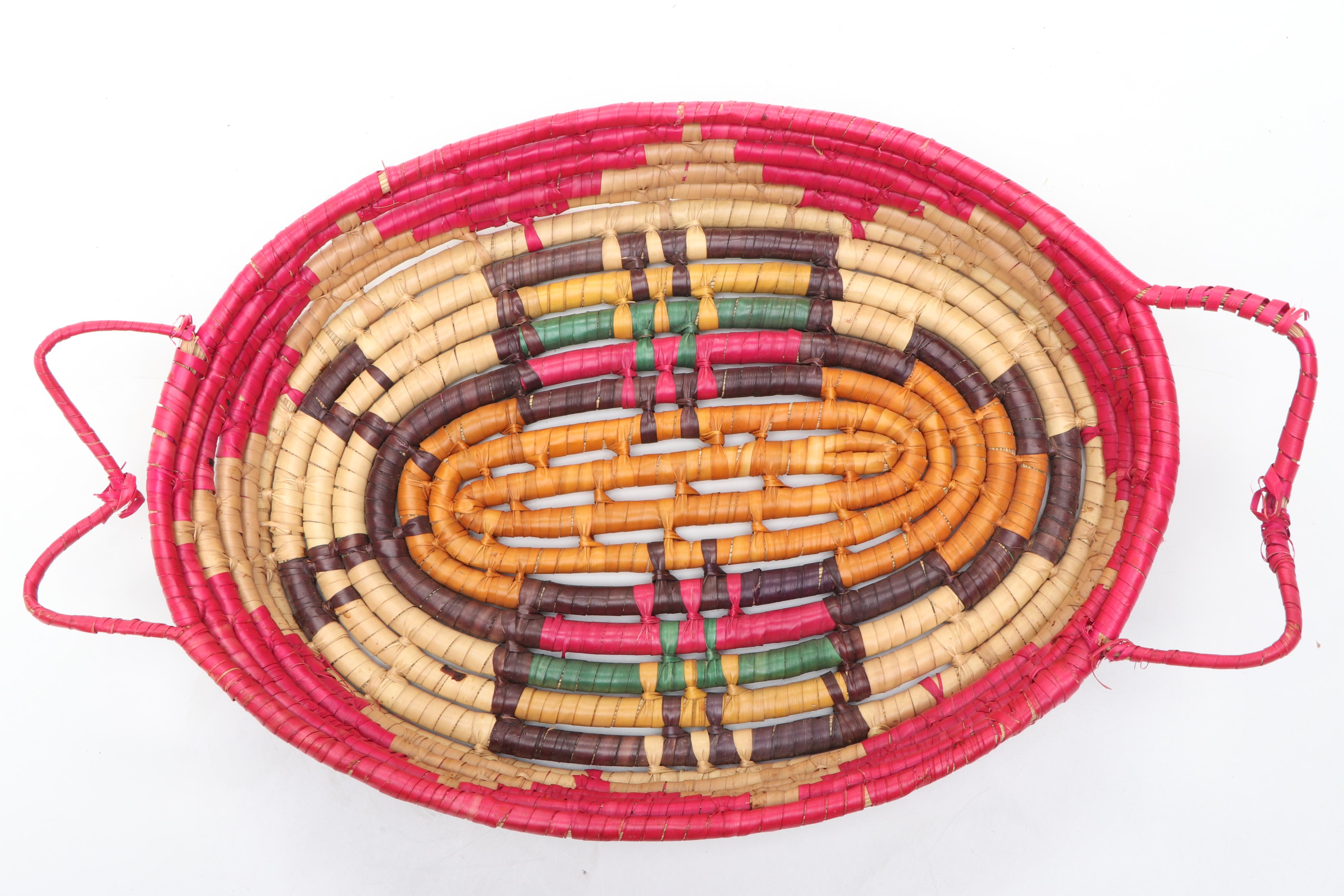 Ethiopian Muday Handwoven Colored Tray, Ghana Bolga Basket, Uganda Coiled Basket