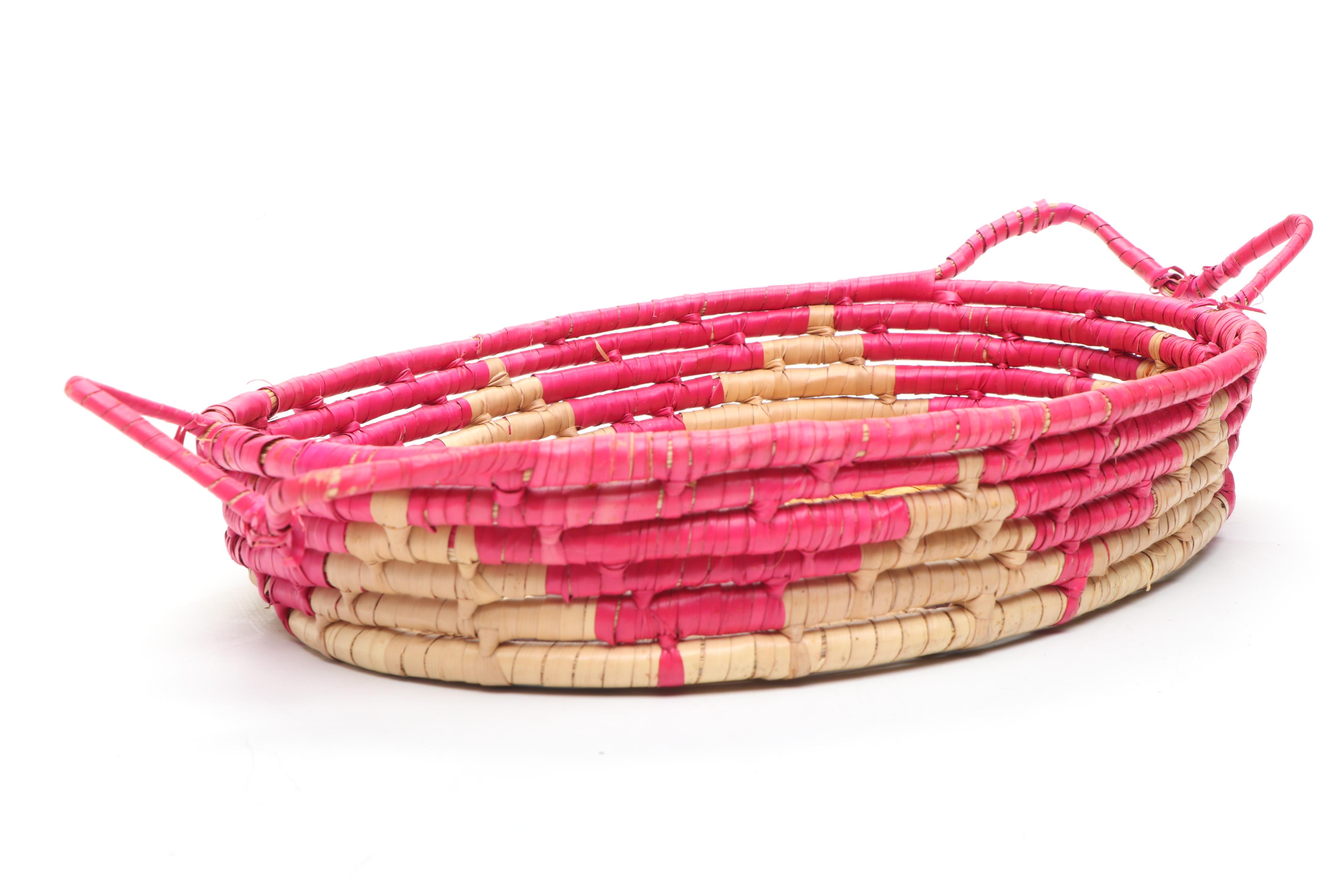 Ethiopian Muday Handwoven Colored Tray, Ghana Bolga Basket, Uganda Coiled Basket
