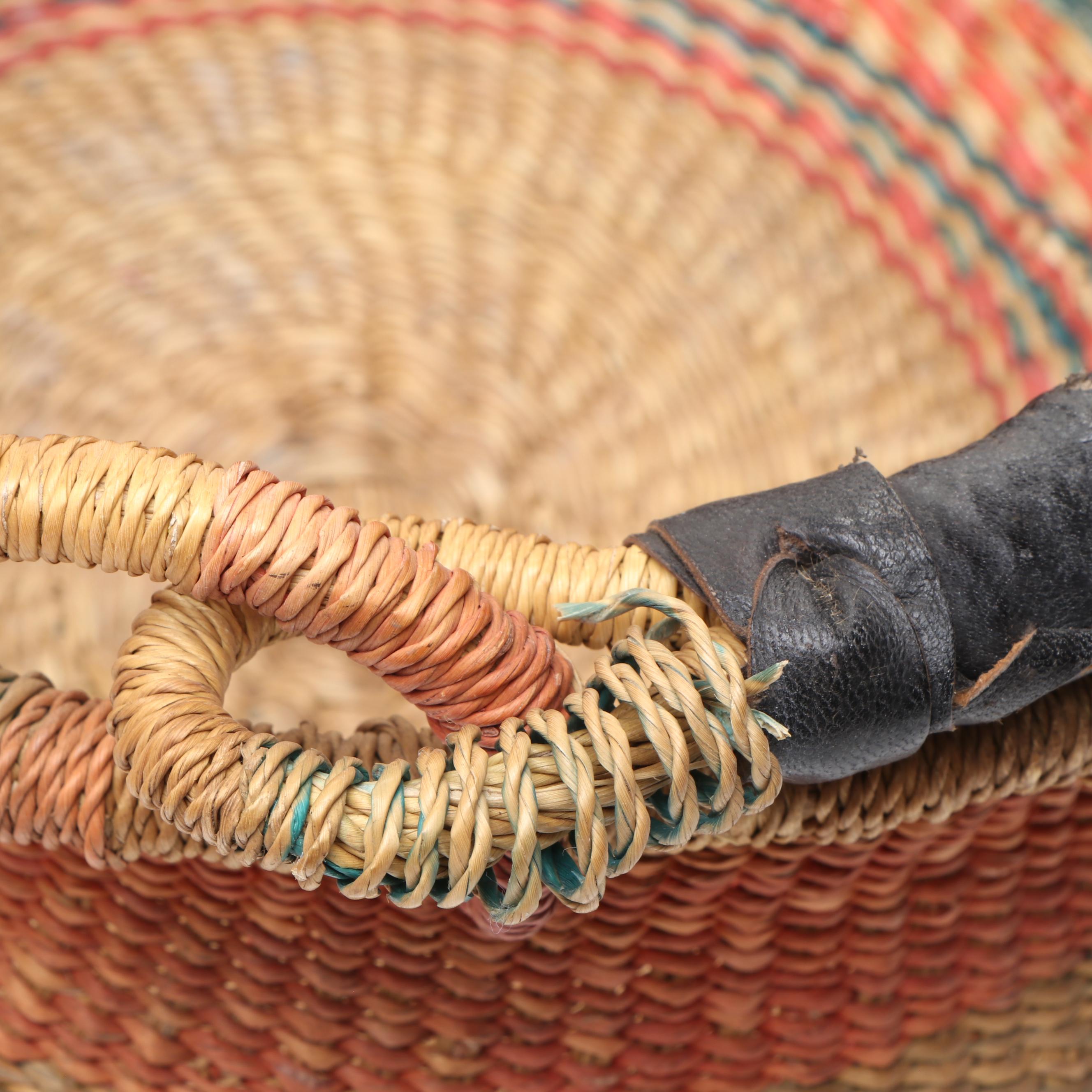 Ethiopian Muday Handwoven Colored Tray, Ghana Bolga Basket, Uganda Coiled Basket