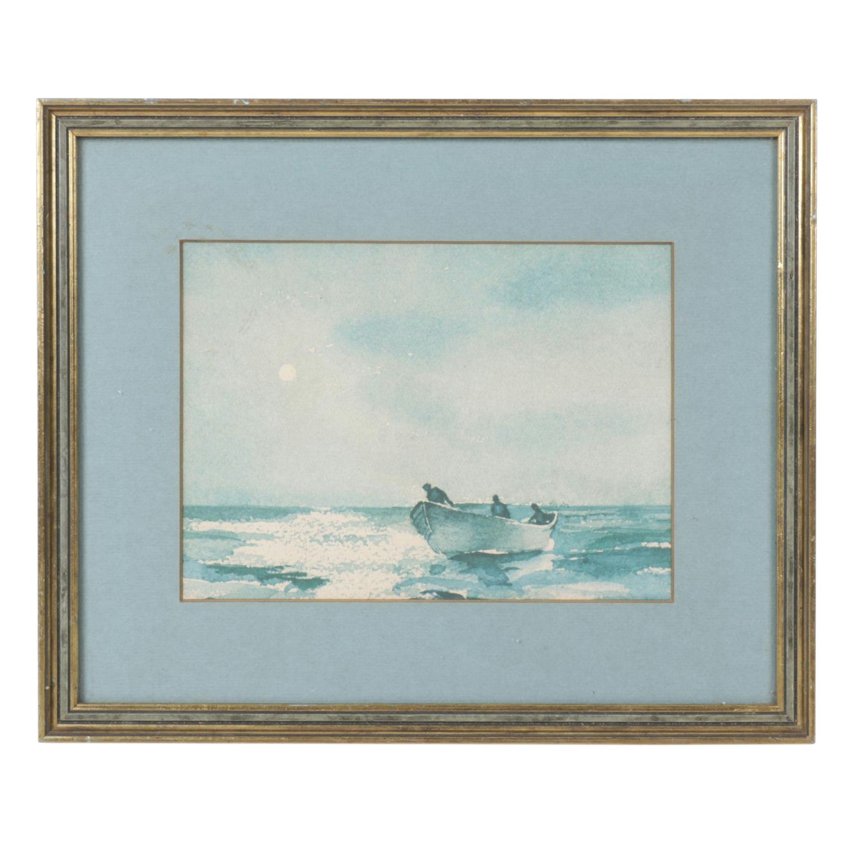 Blue Monochrome Scene of Fishermen in Open Sea Watercolor Offset Lithograph
