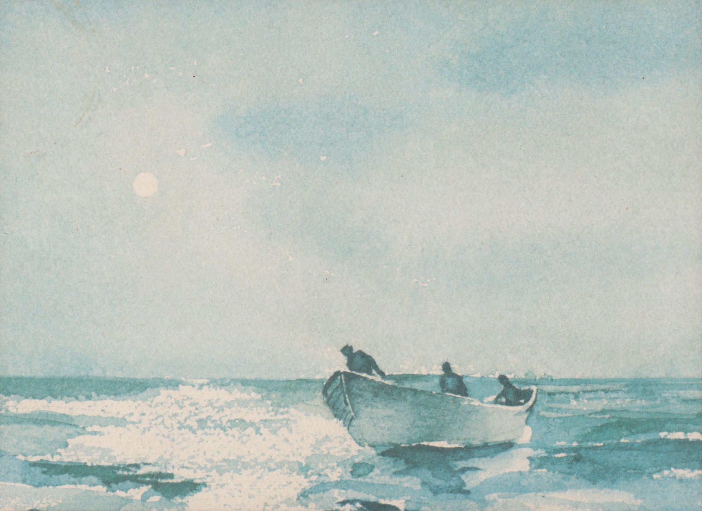 Blue Monochrome Scene of Fishermen in Open Sea Watercolor Offset Lithograph