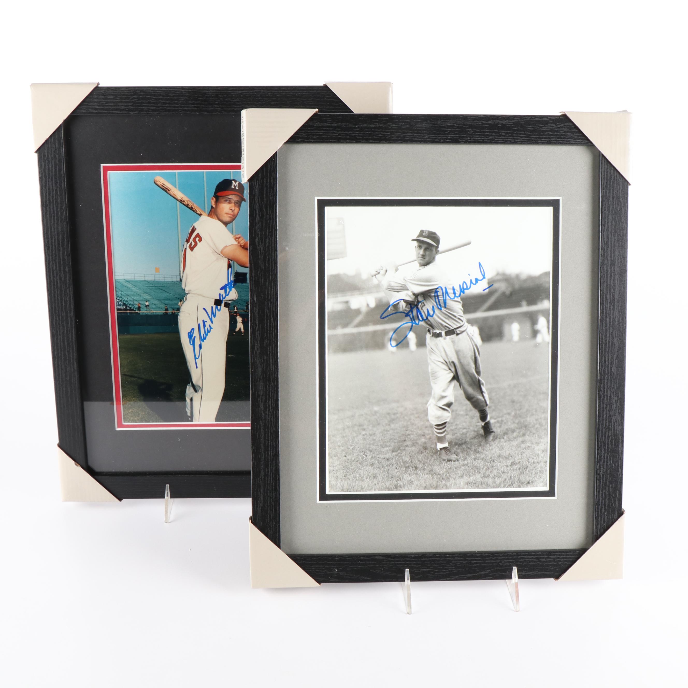 Hall of Famers Stan Musial and Eddie Mathews Signed Framed Photos