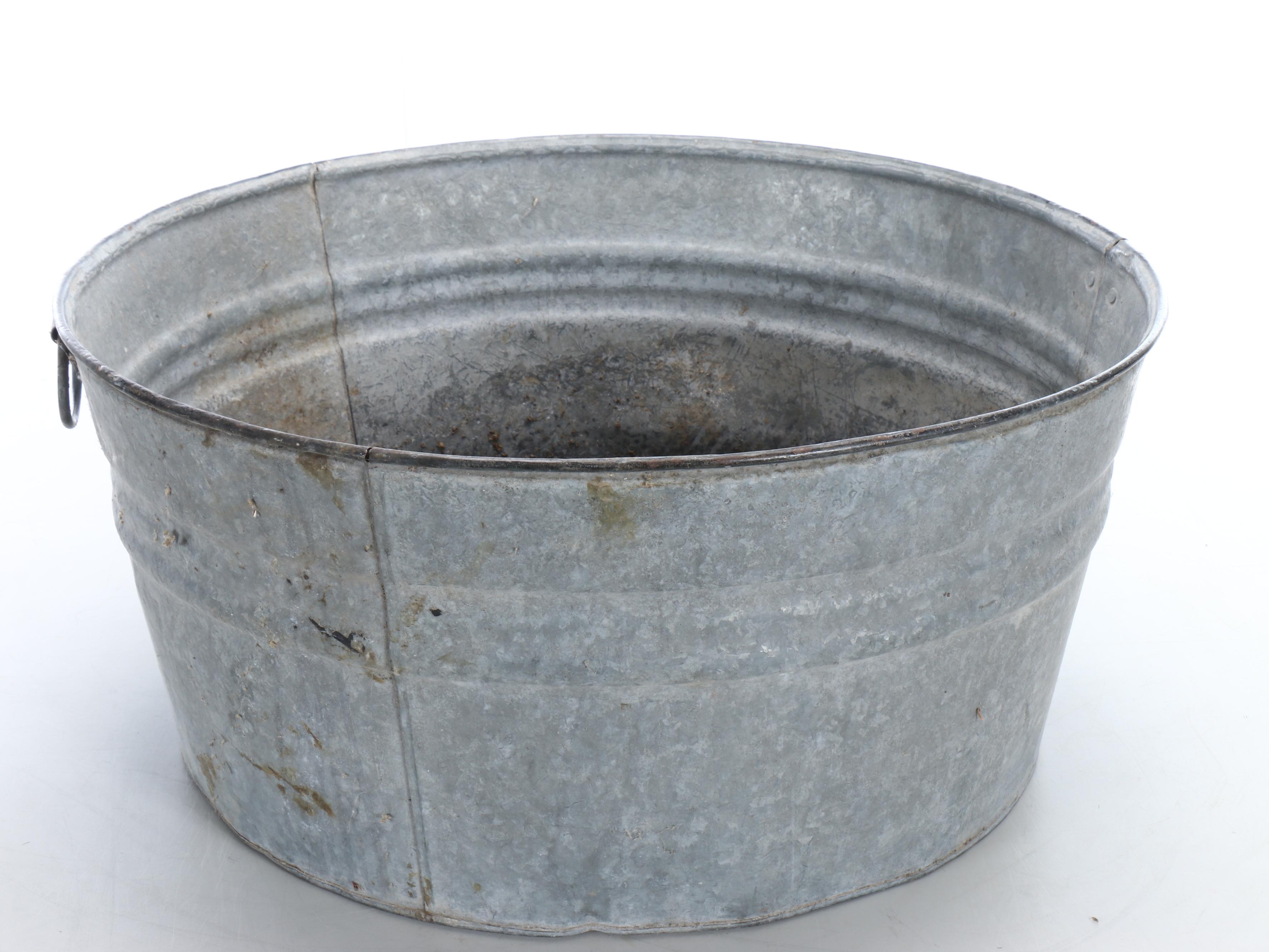 Galvanized Metal Tub and Paint-Decorated Fruit Juicer, Antique