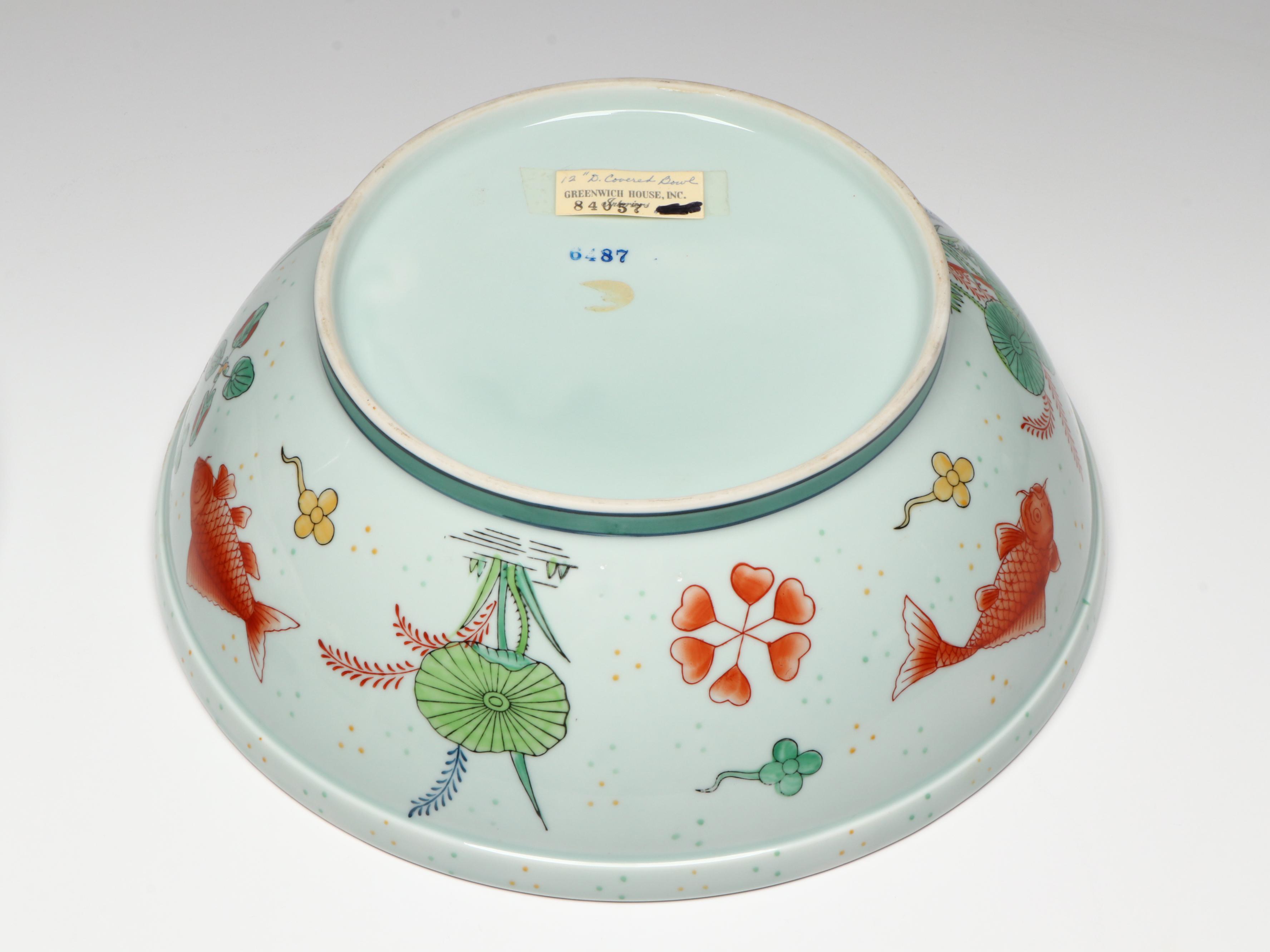 Chinese Porcelain Lidded Bowl with Koi Fish Motif