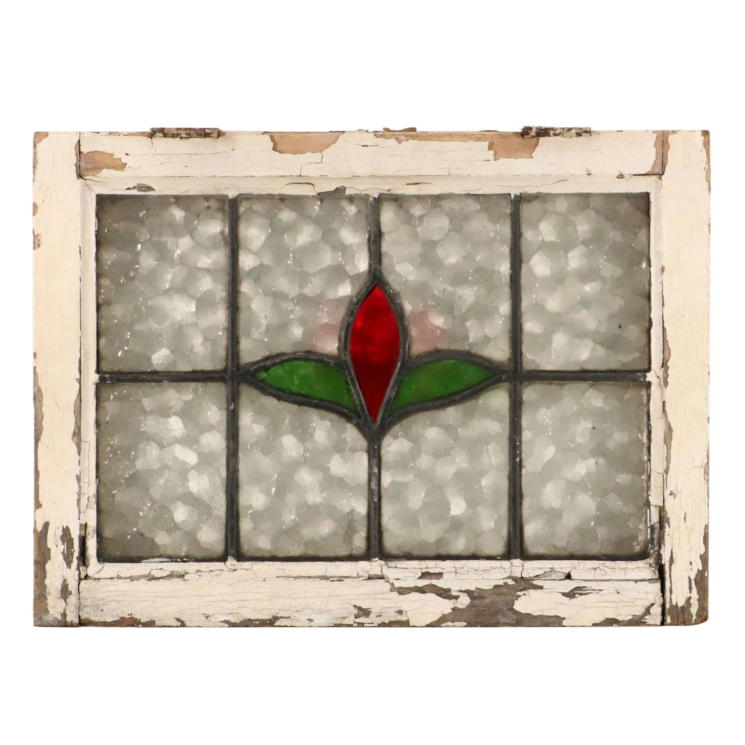 English Style Green and Red Stained Lead Glass Window Panel