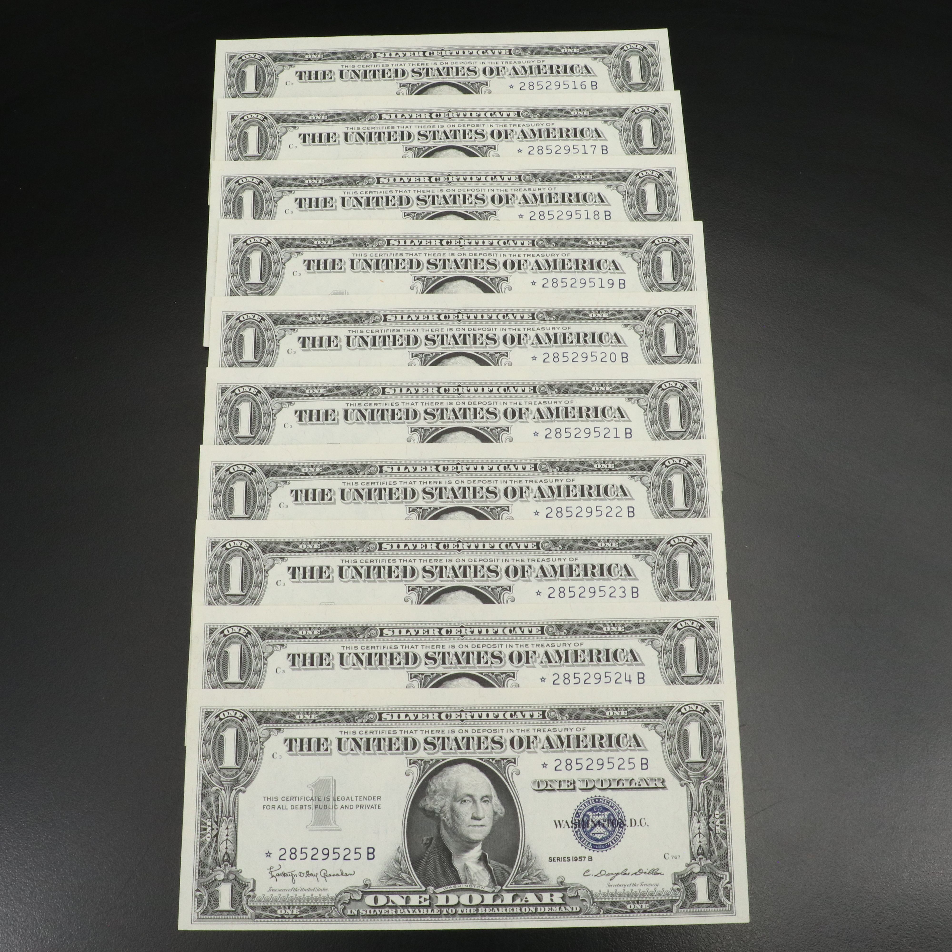 Ten Uncirculated Consecutively Numbered Star Note $1 Silver Certificates, 1957