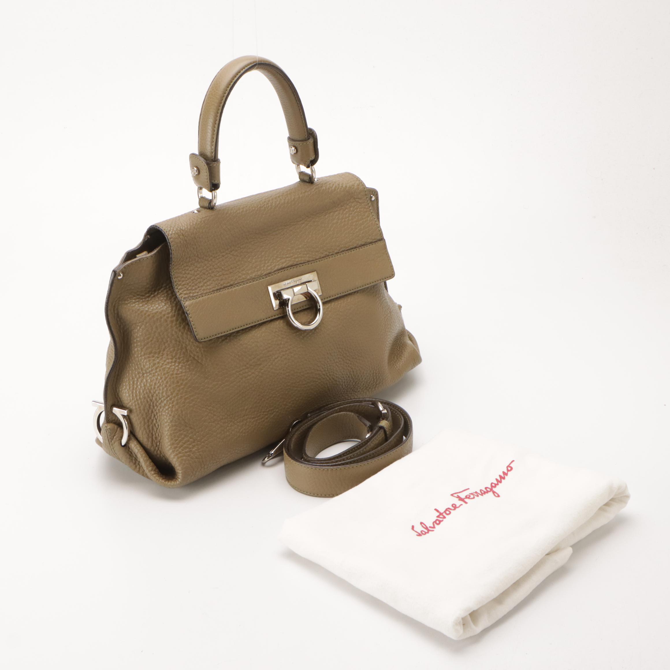 Salvatore Ferragamo Calfskin Grain Leather Gancini Flap Top Handle 2-Way Bag