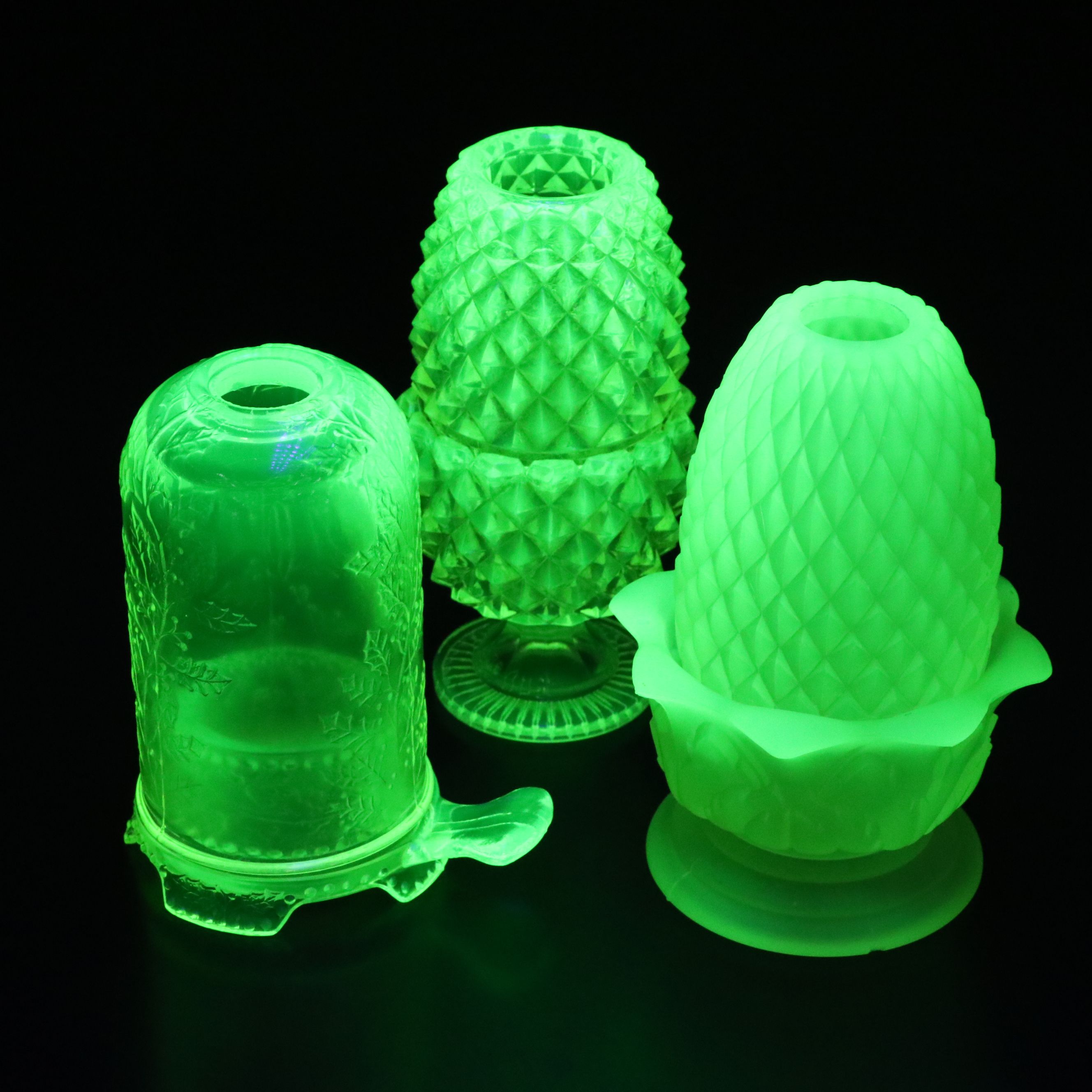 Mosser and Petite Choses Vaseline Glass Fairy Lamps with Other Pineapple Lamp