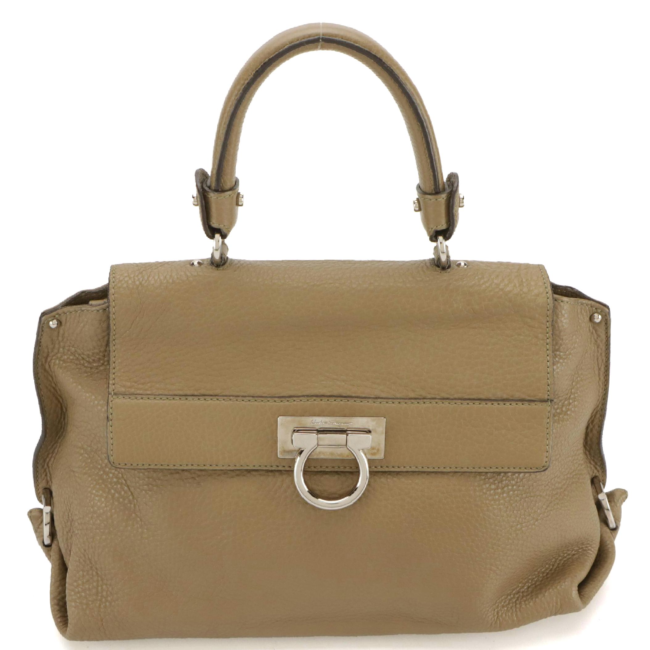 Salvatore Ferragamo Calfskin Grain Leather Gancini Flap Top Handle 2-Way Bag