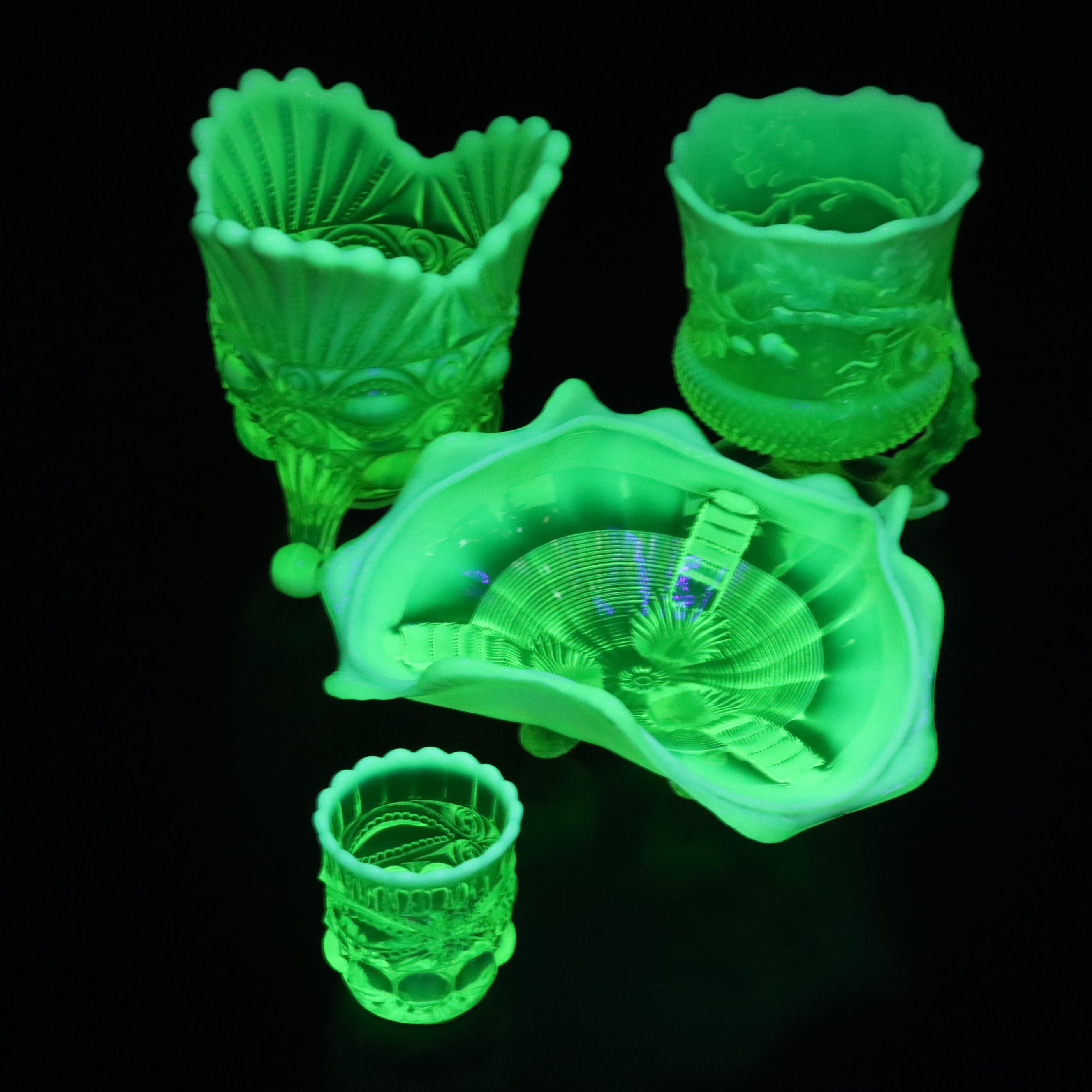 Mosser "Eye Winker" and "Acorn" Vaseline Glass Spoon Holders with More Glass