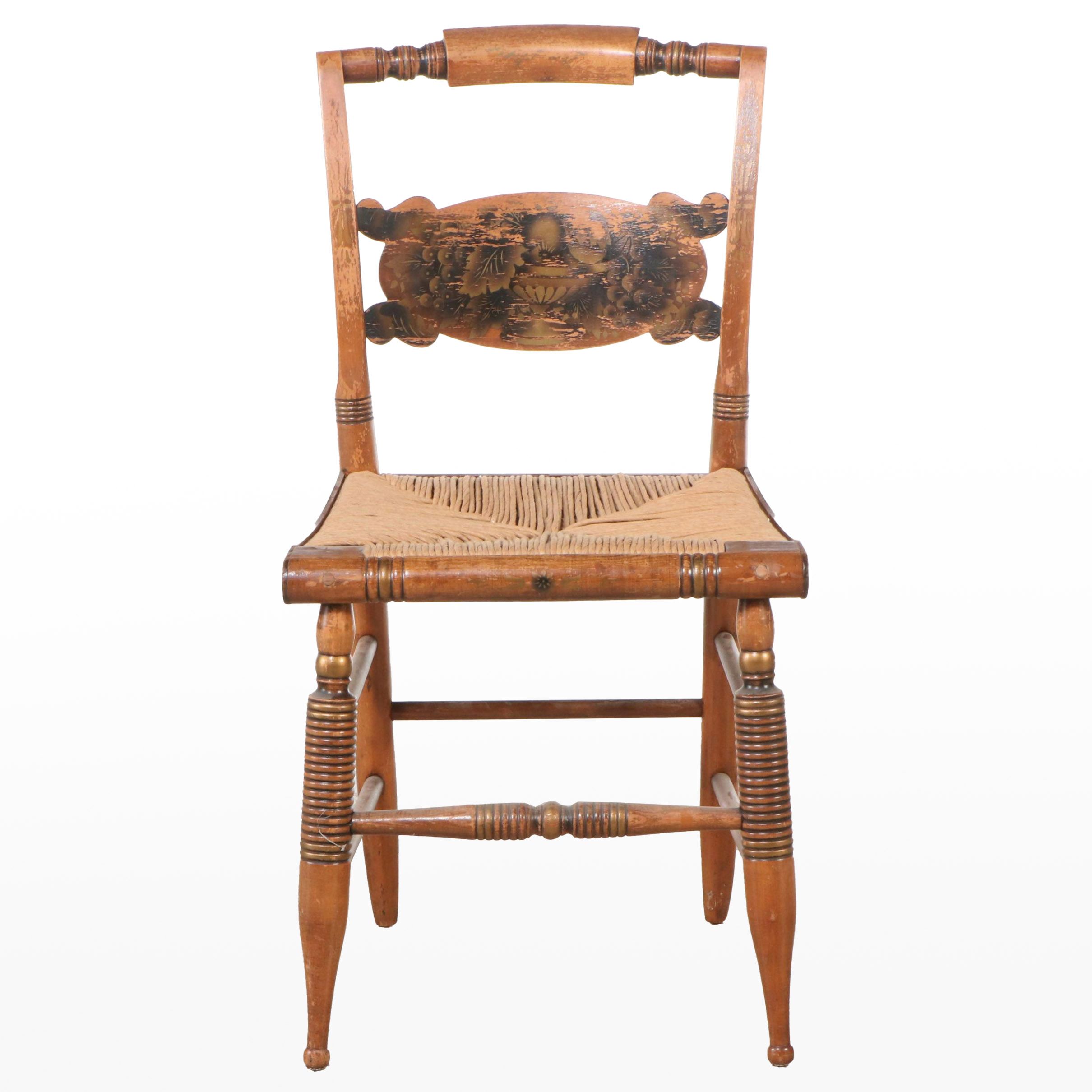 Hitchcock Stencil Decorated Chairs with Paper Rush Seats, Pair, Mid-20th Century