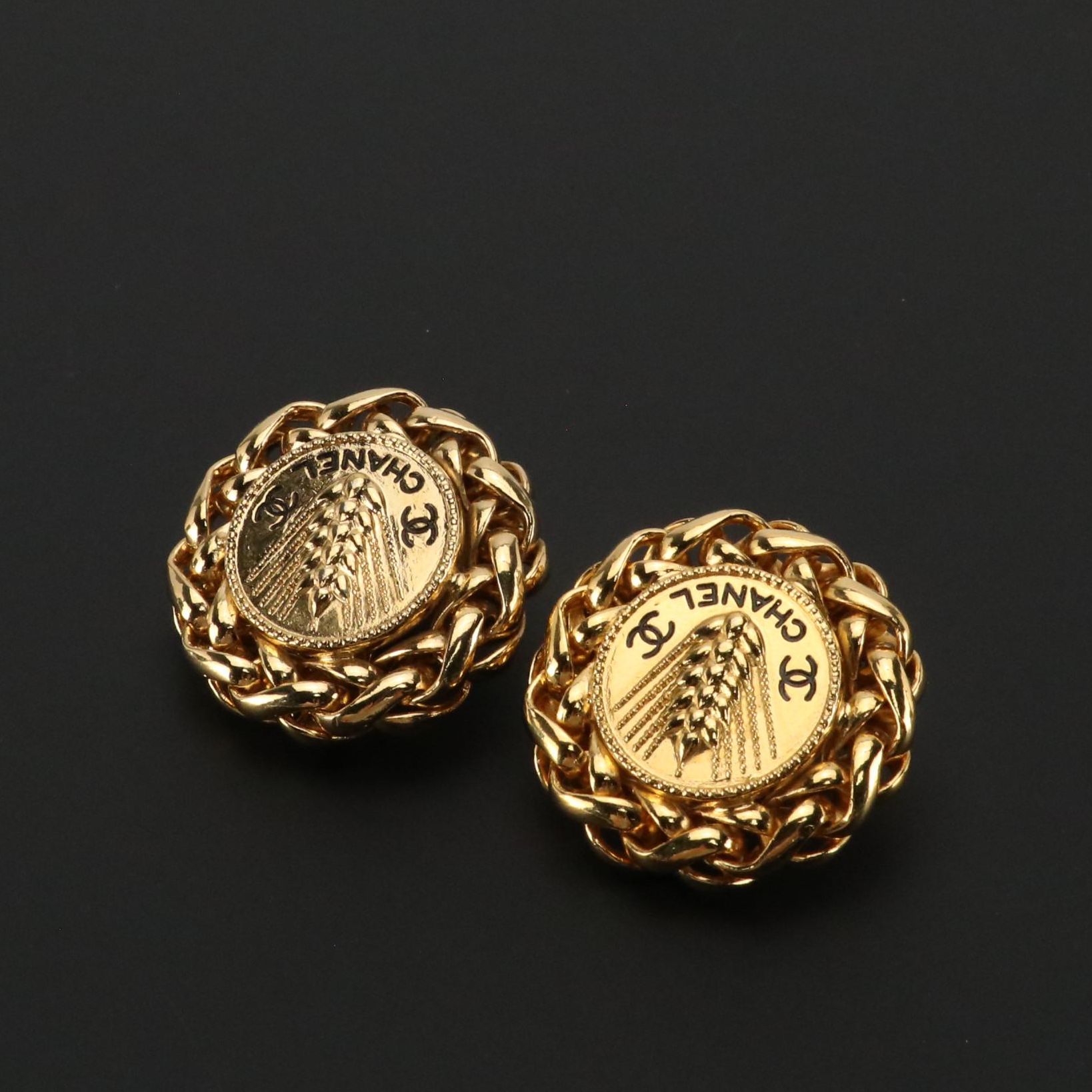 Chanel CC Wheat Round Clip Earrings