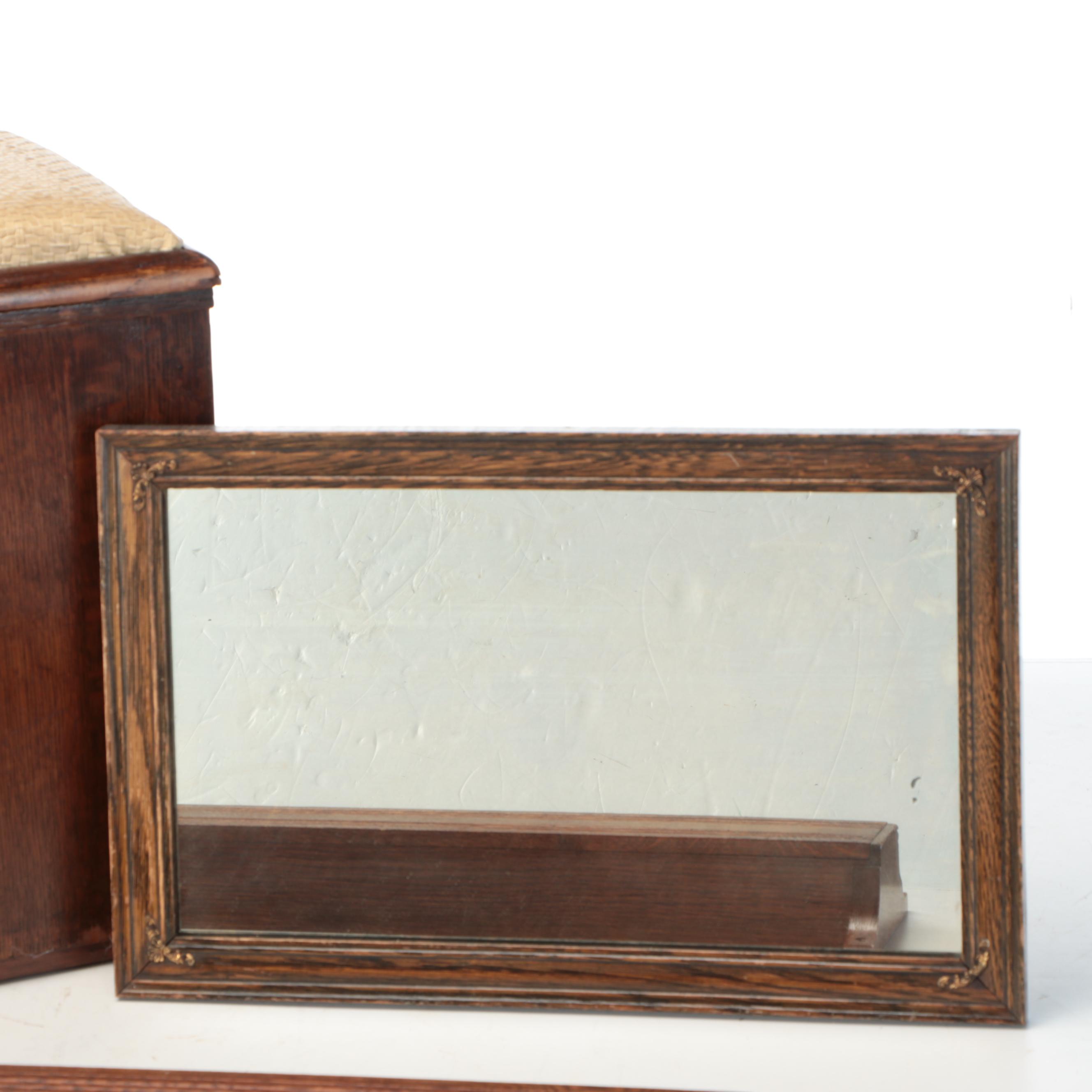 Oak Veneered Bench Box, Oak Framed Mirror and Wall Shelf