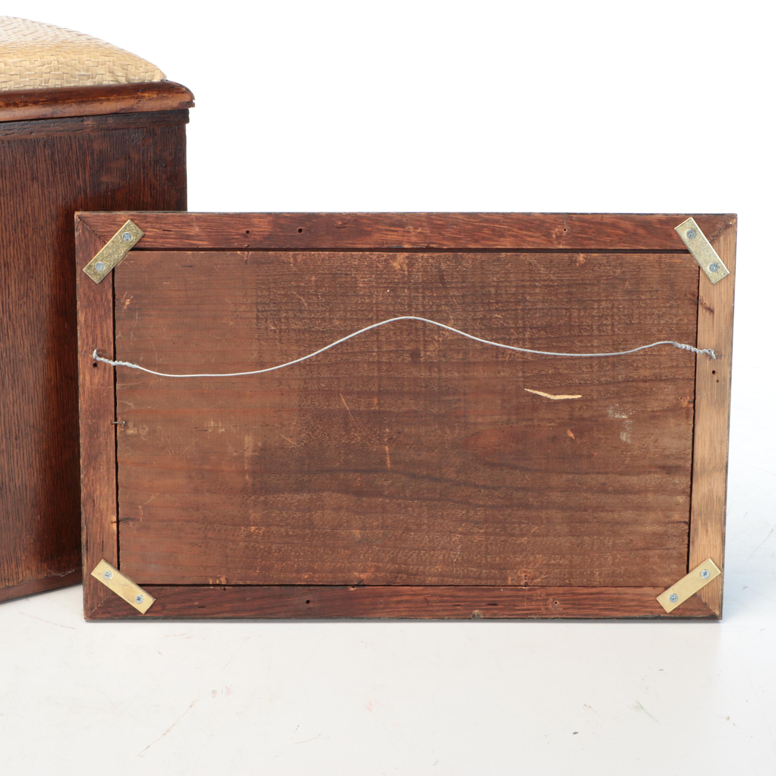 Oak Veneered Bench Box, Oak Framed Mirror and Wall Shelf