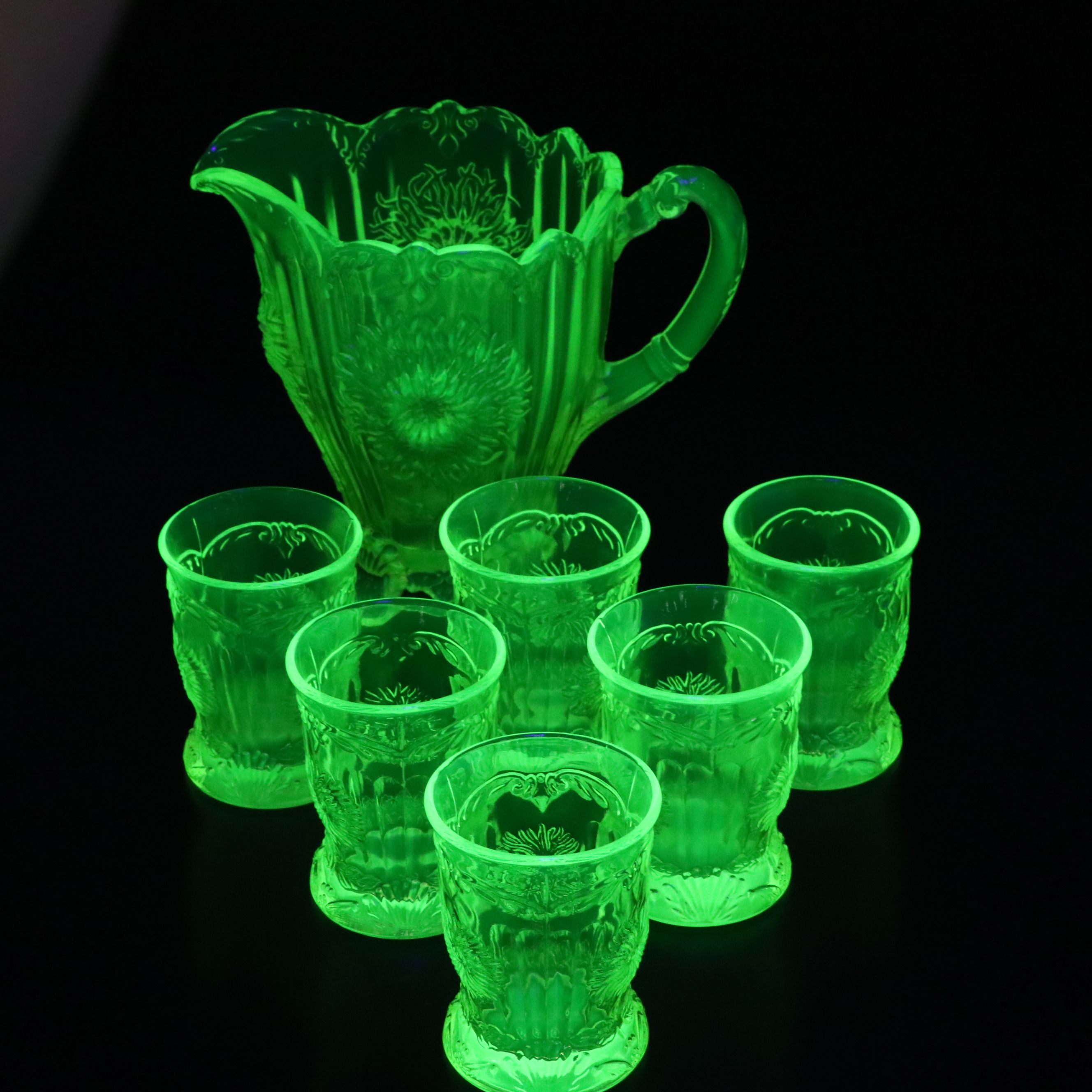 Mosser Uranium Glass "Dahlia" Pitcher and Glasses