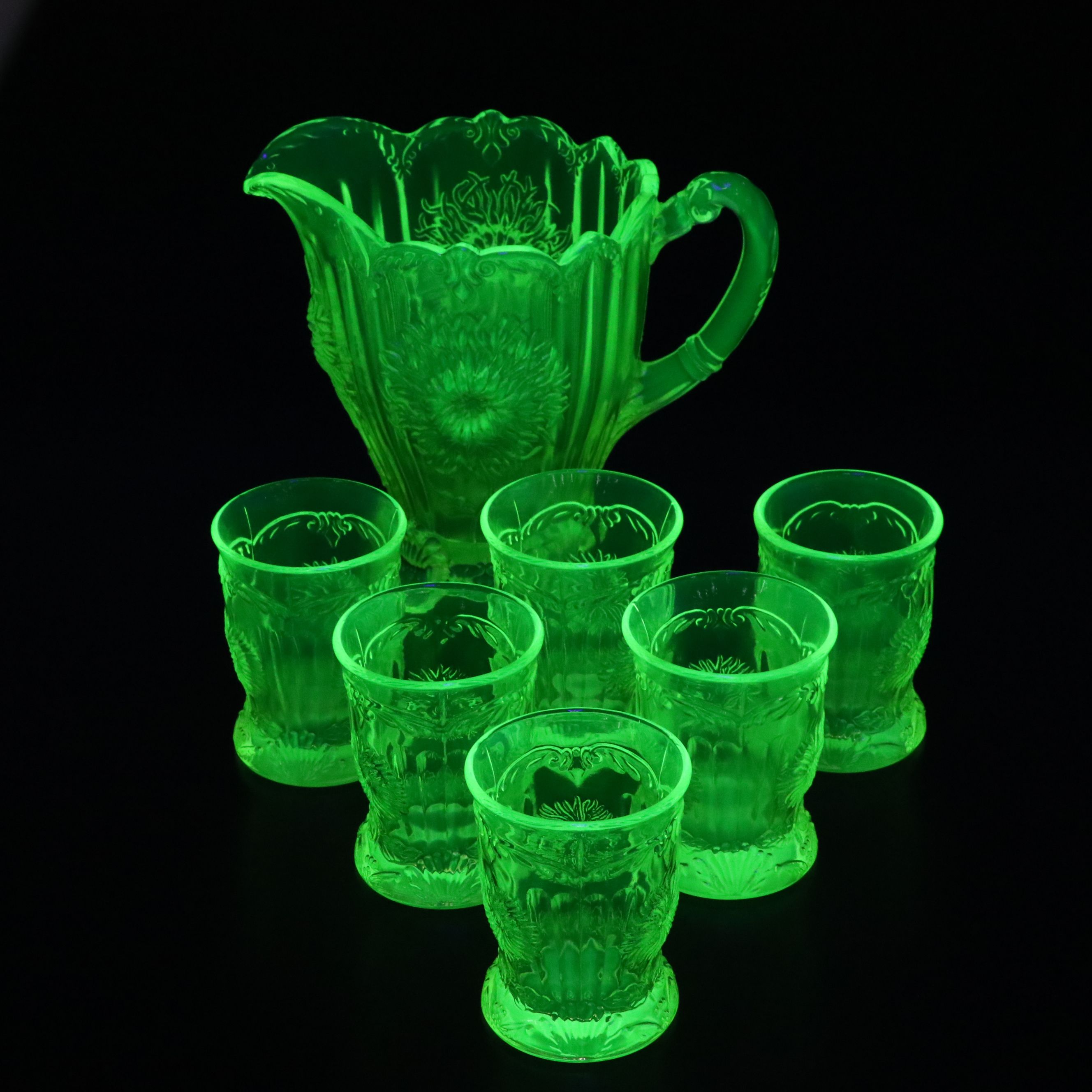 Mosser Uranium Glass "Dahlia" Pitcher and Glasses