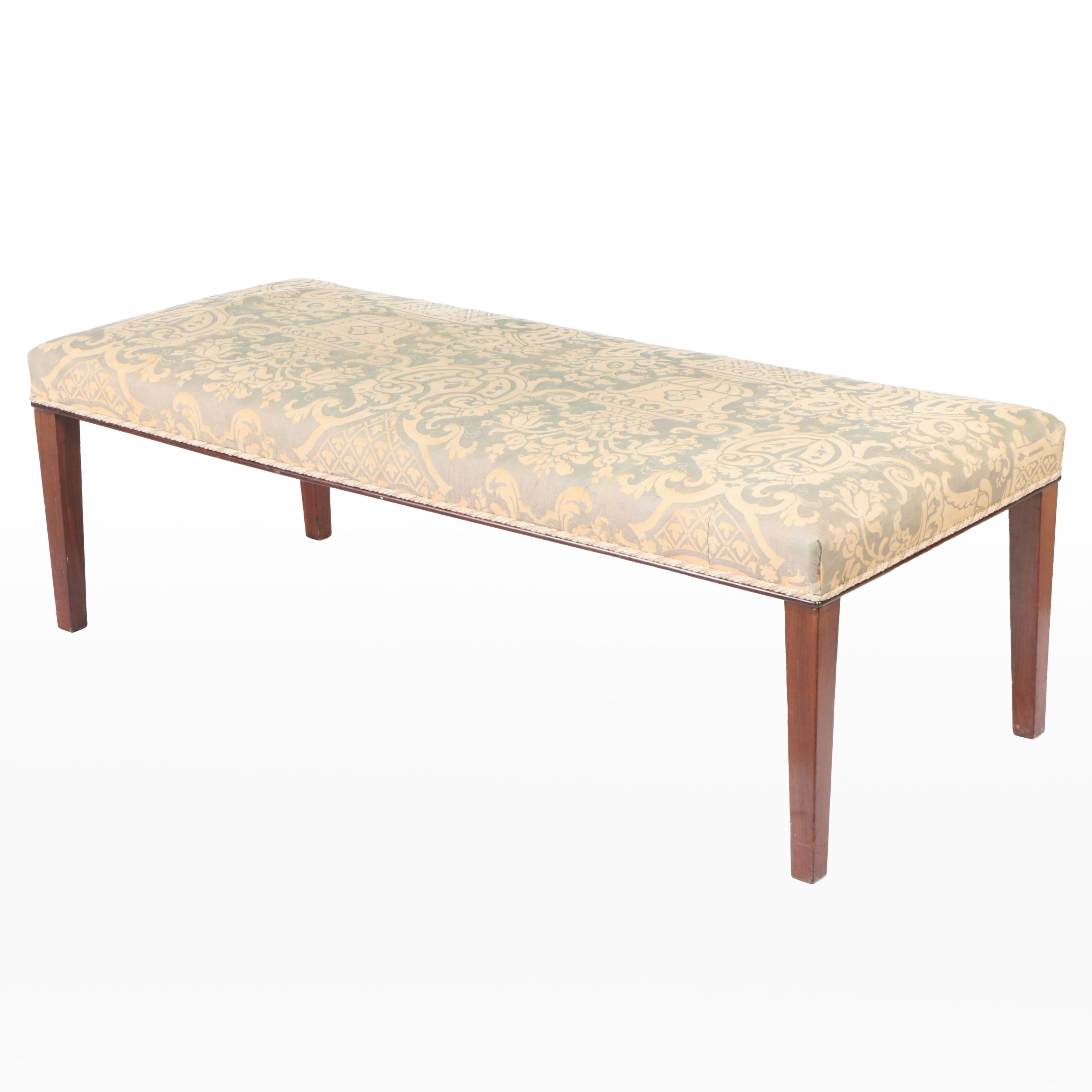 Vintage Fortuny Fabric Upholstered Mahogany Bench
