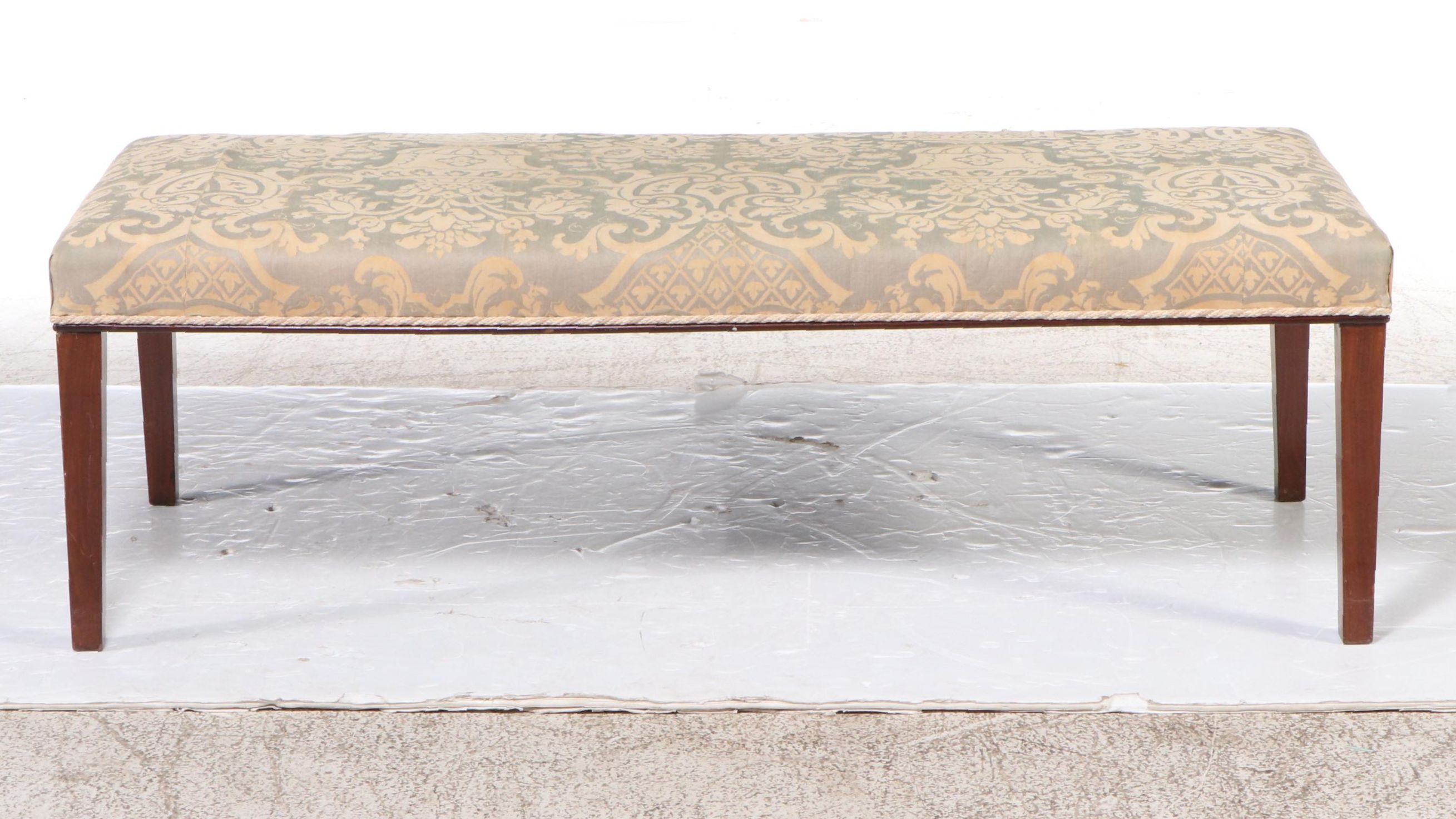 Vintage Fortuny Fabric Upholstered Mahogany Bench