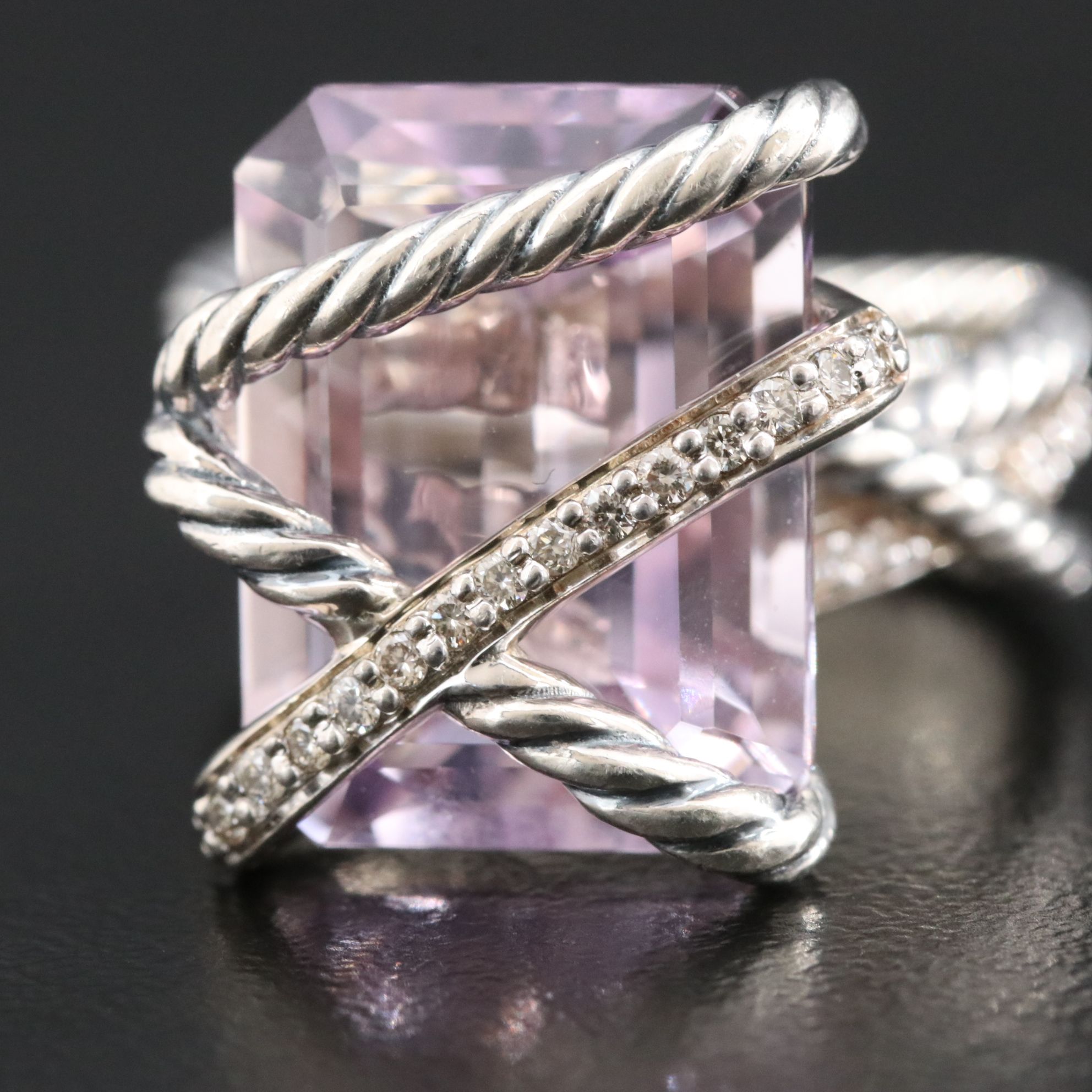 David Yurman Sterling Lavender Amethyst and Diamond Cable Wrap Ring