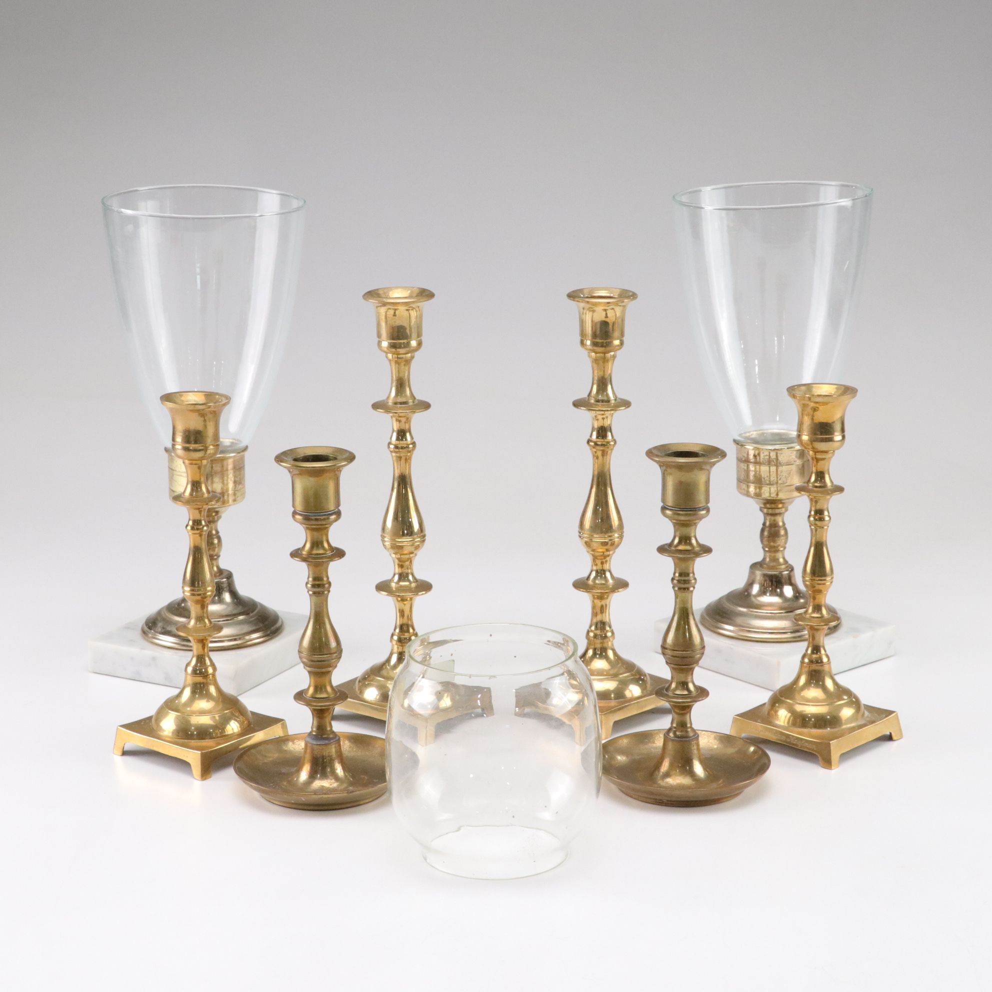 Polished Brass Candle Holders & Glass Shades