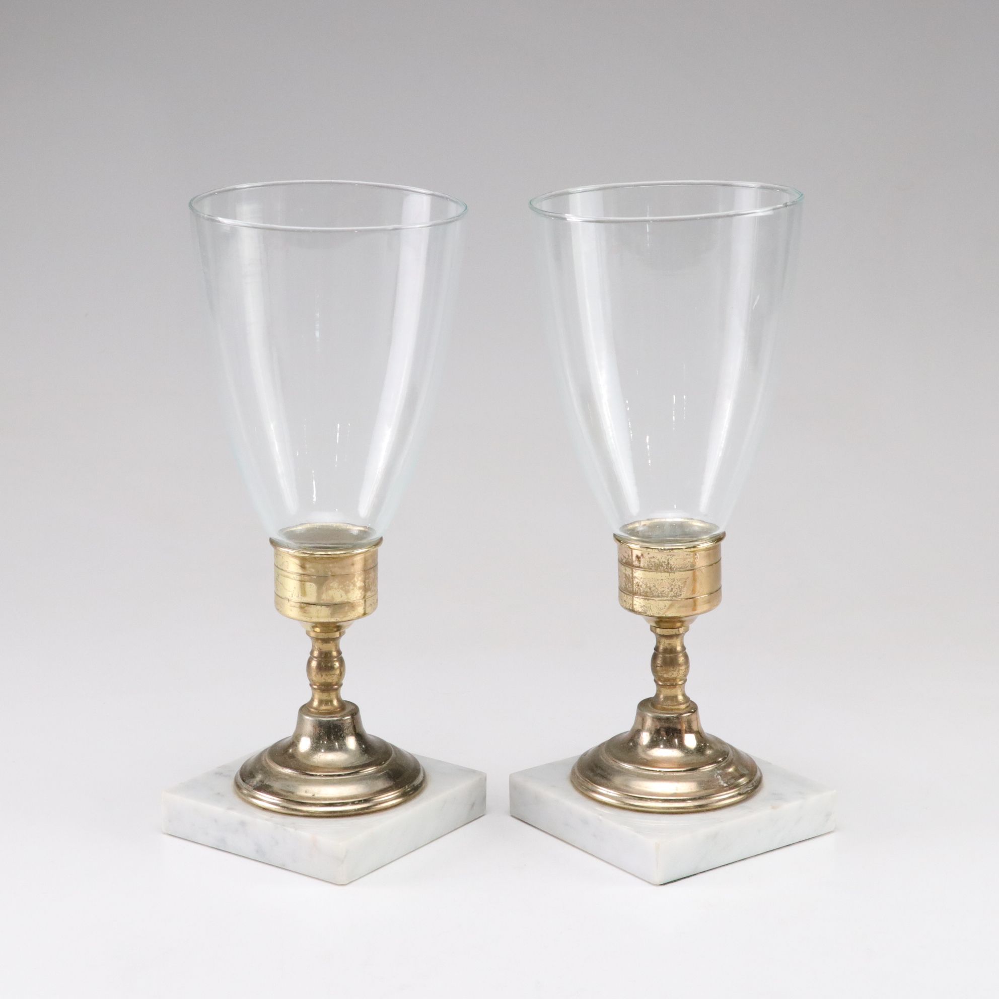 Polished Brass Candle Holders & Glass Shades