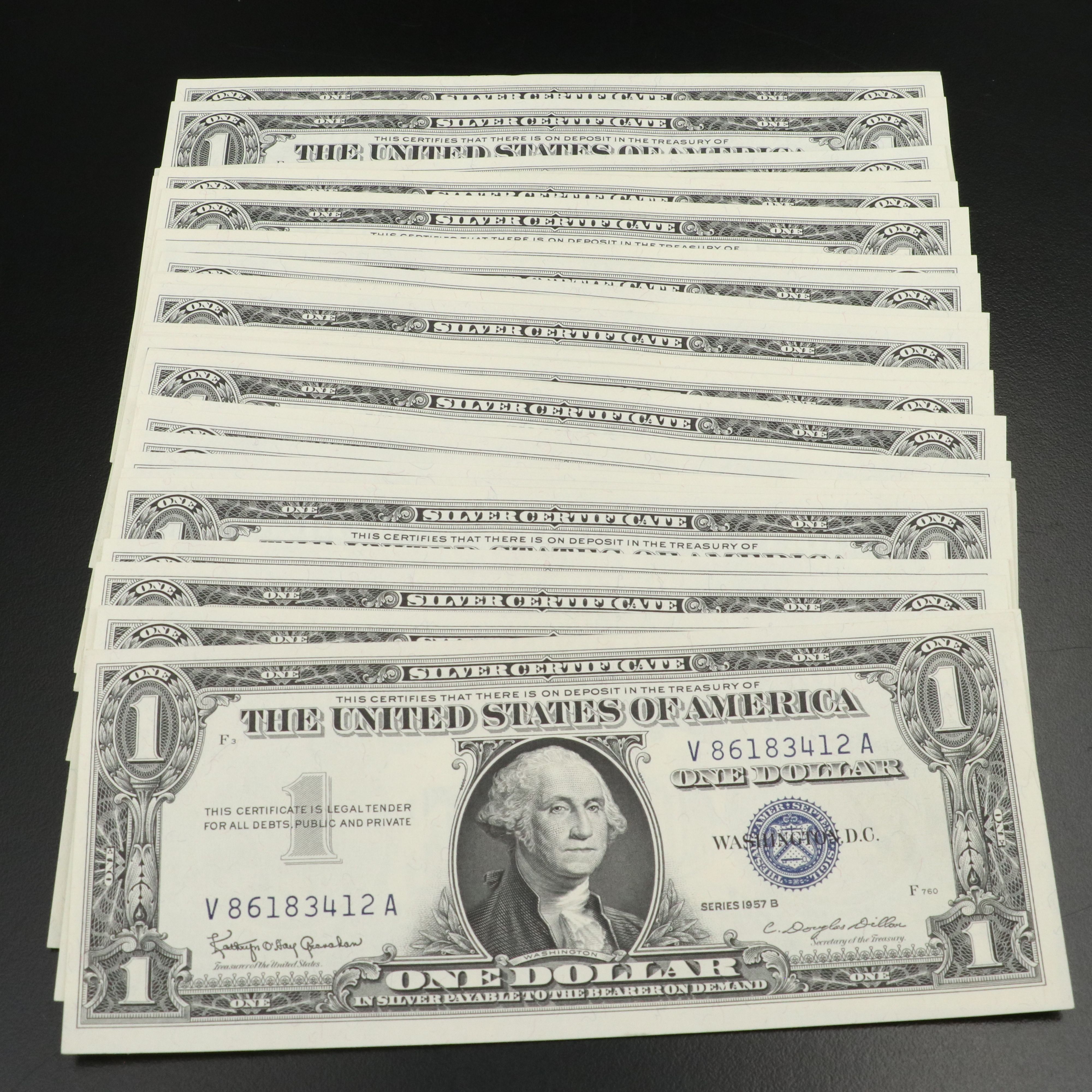 Thirty-Eight Uncirculated Consecutively Numbered $1 Silver Certificates, 1957