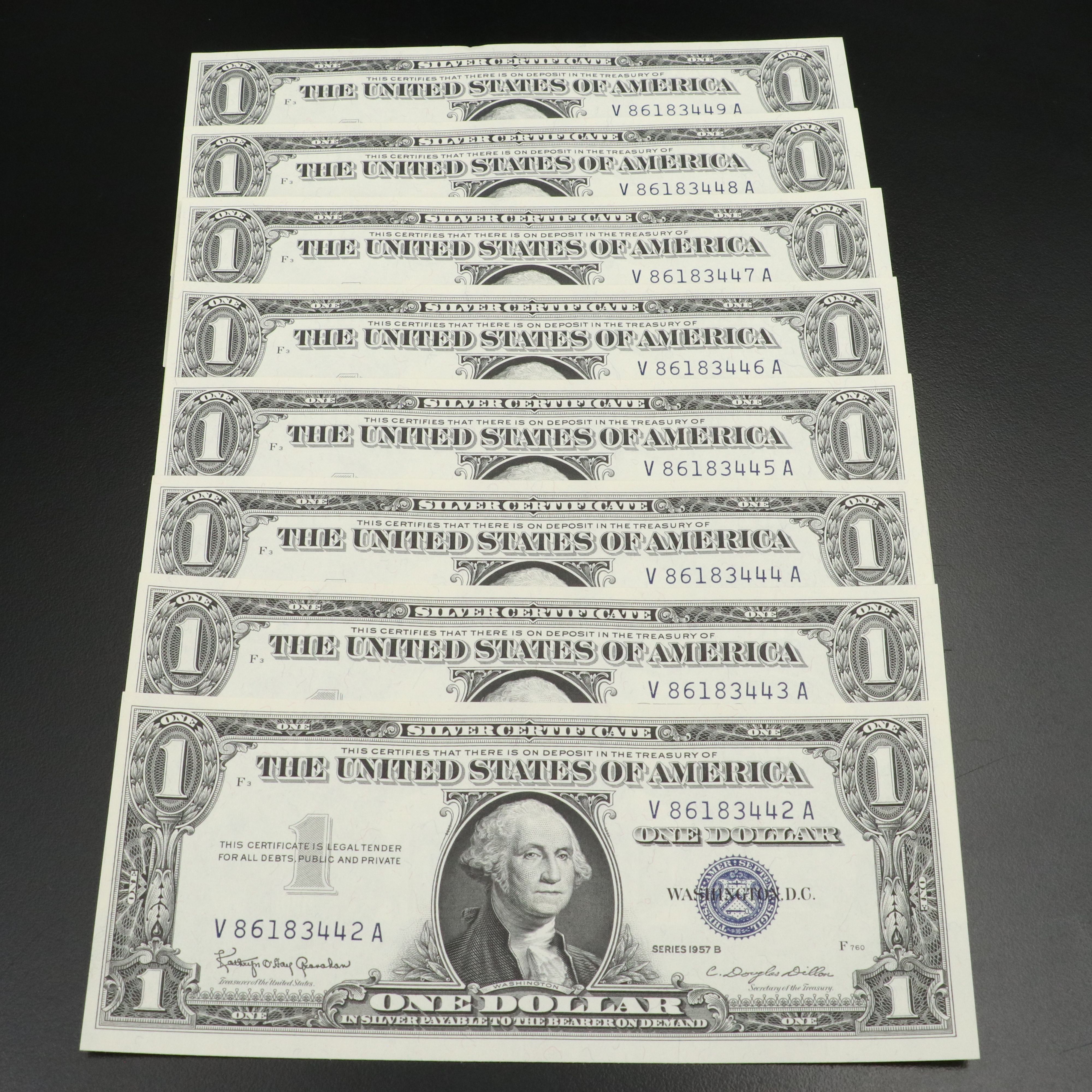 Thirty-Eight Uncirculated Consecutively Numbered $1 Silver Certificates, 1957