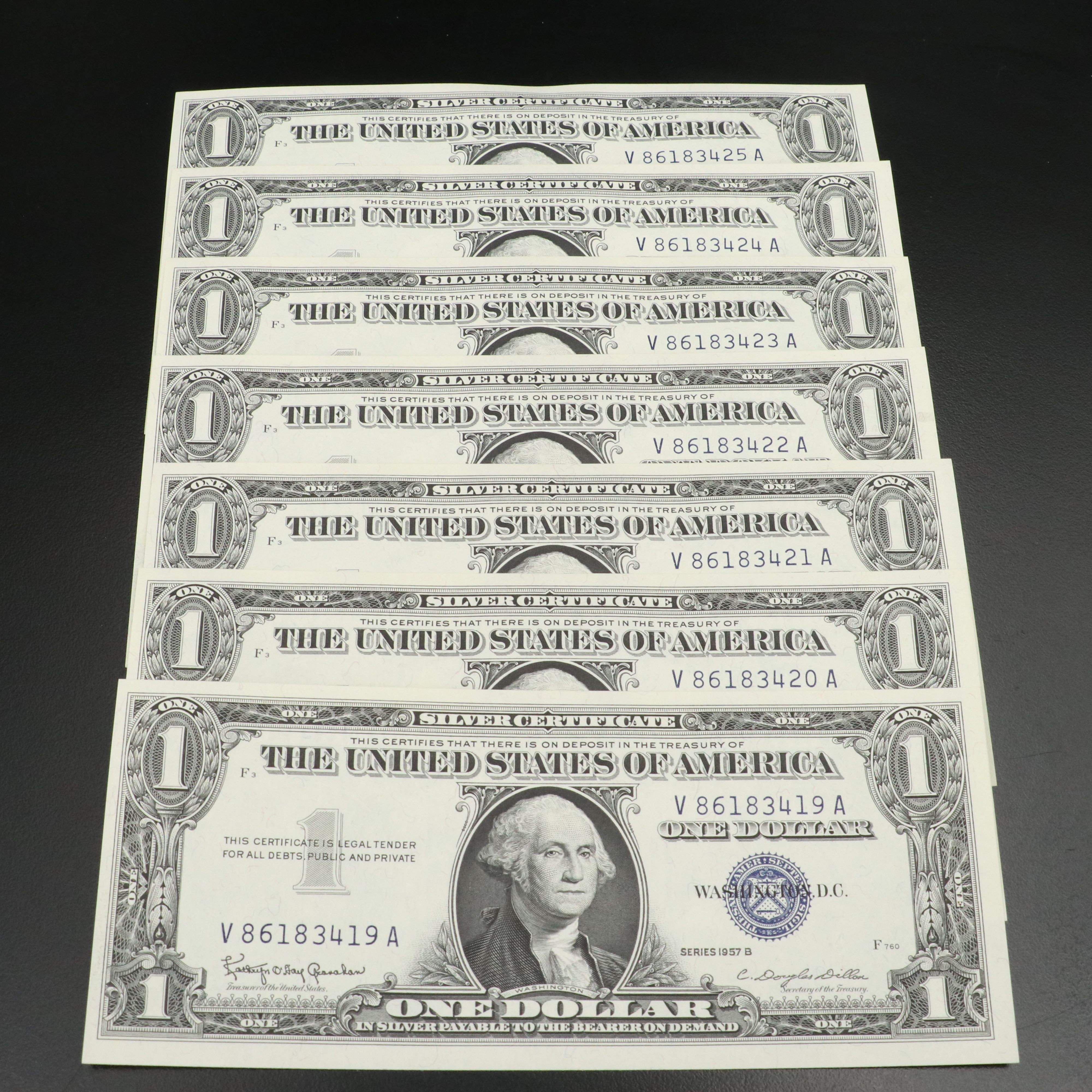 Thirty-Eight Uncirculated Consecutively Numbered $1 Silver Certificates, 1957