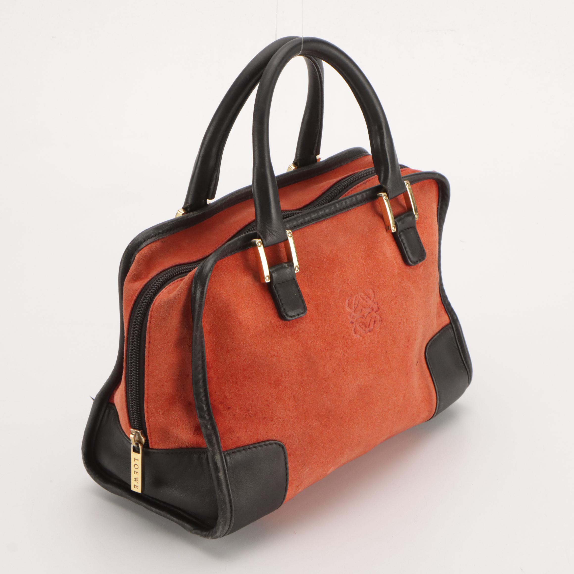 Loewe Amazona Handbag in Burnt Orange Suede and Black Leather Trim