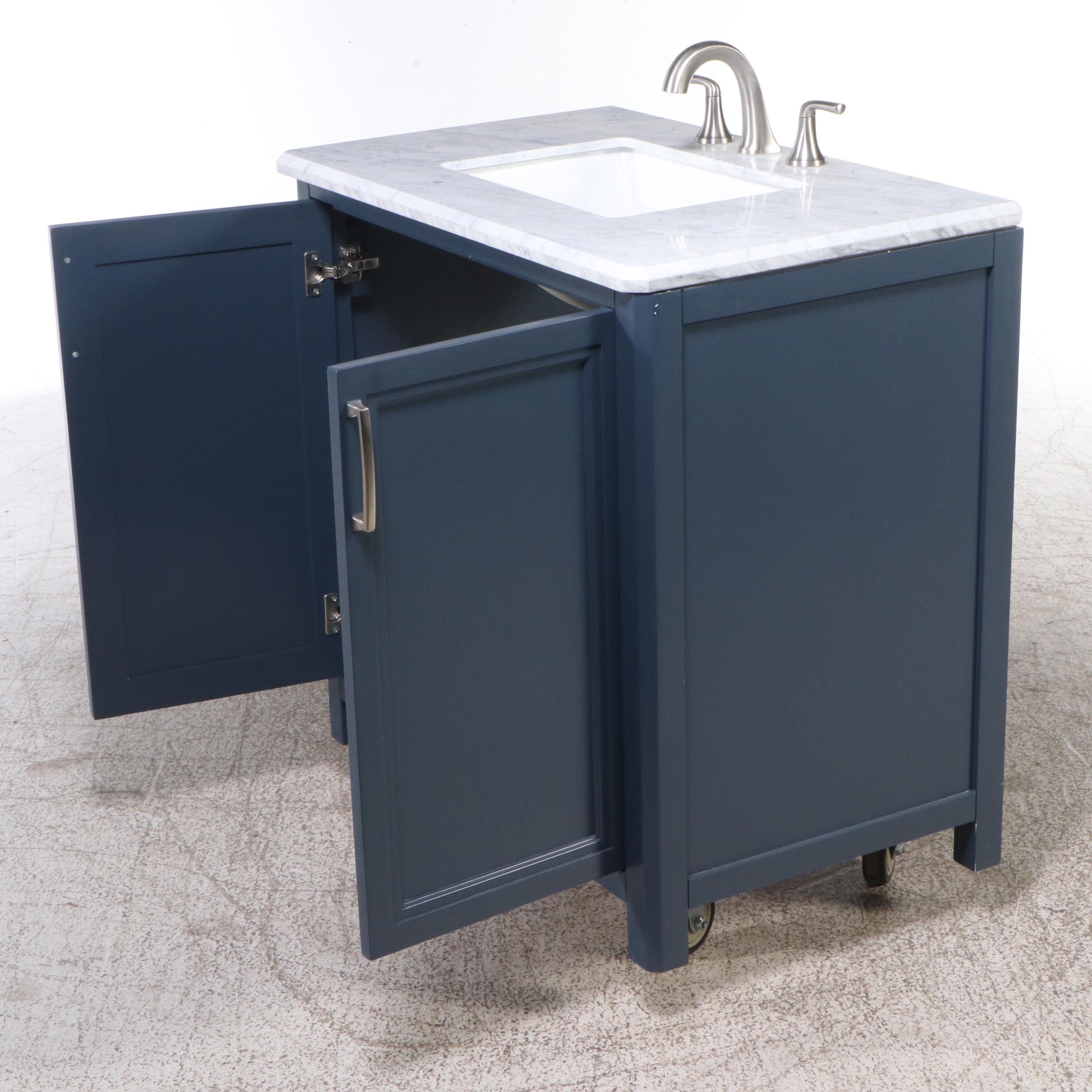 OVE Decors Marble Undermount Single Vanity with Blue Cabinet Satin Nickel Faucet
