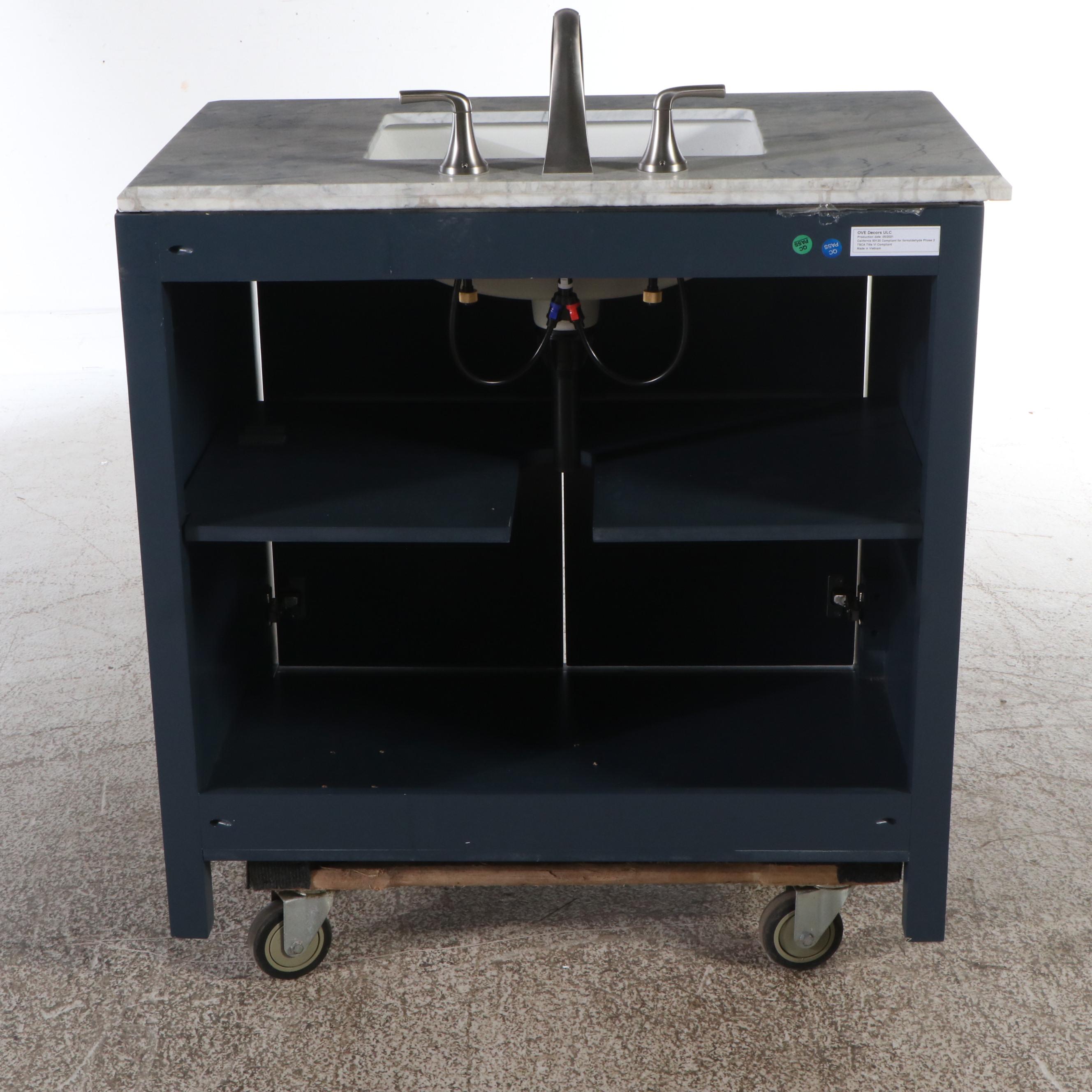 OVE Decors Marble Undermount Single Vanity with Blue Cabinet Satin Nickel Faucet