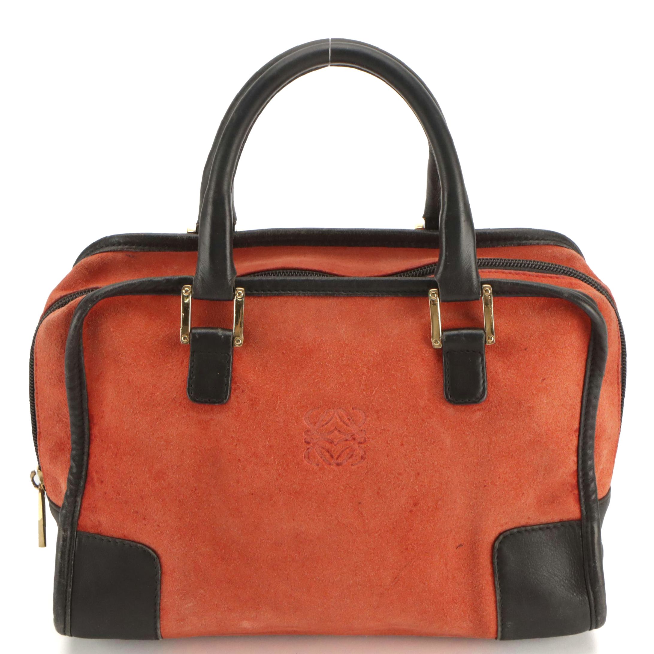 Loewe Amazona Handbag in Burnt Orange Suede and Black Leather Trim