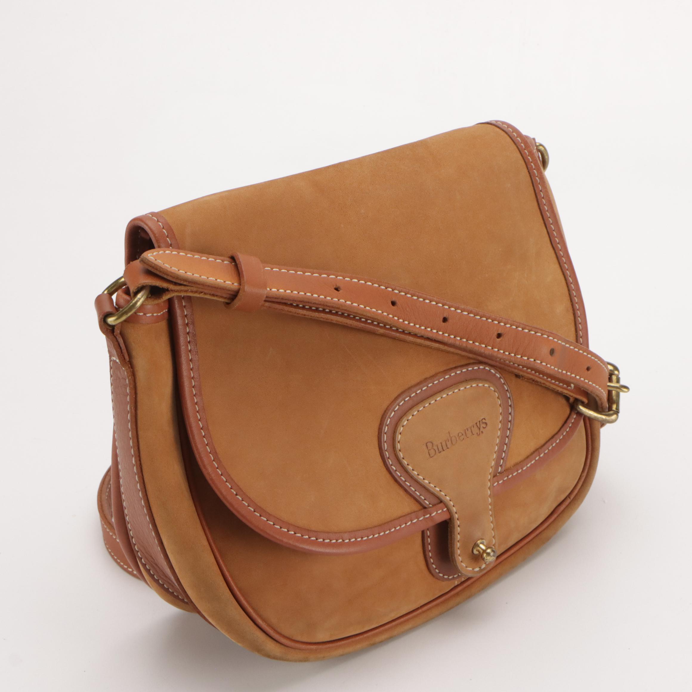 Burberrys Vintage Saddle Flap Crossbody in Caramel Brown Nubuck and Leather
