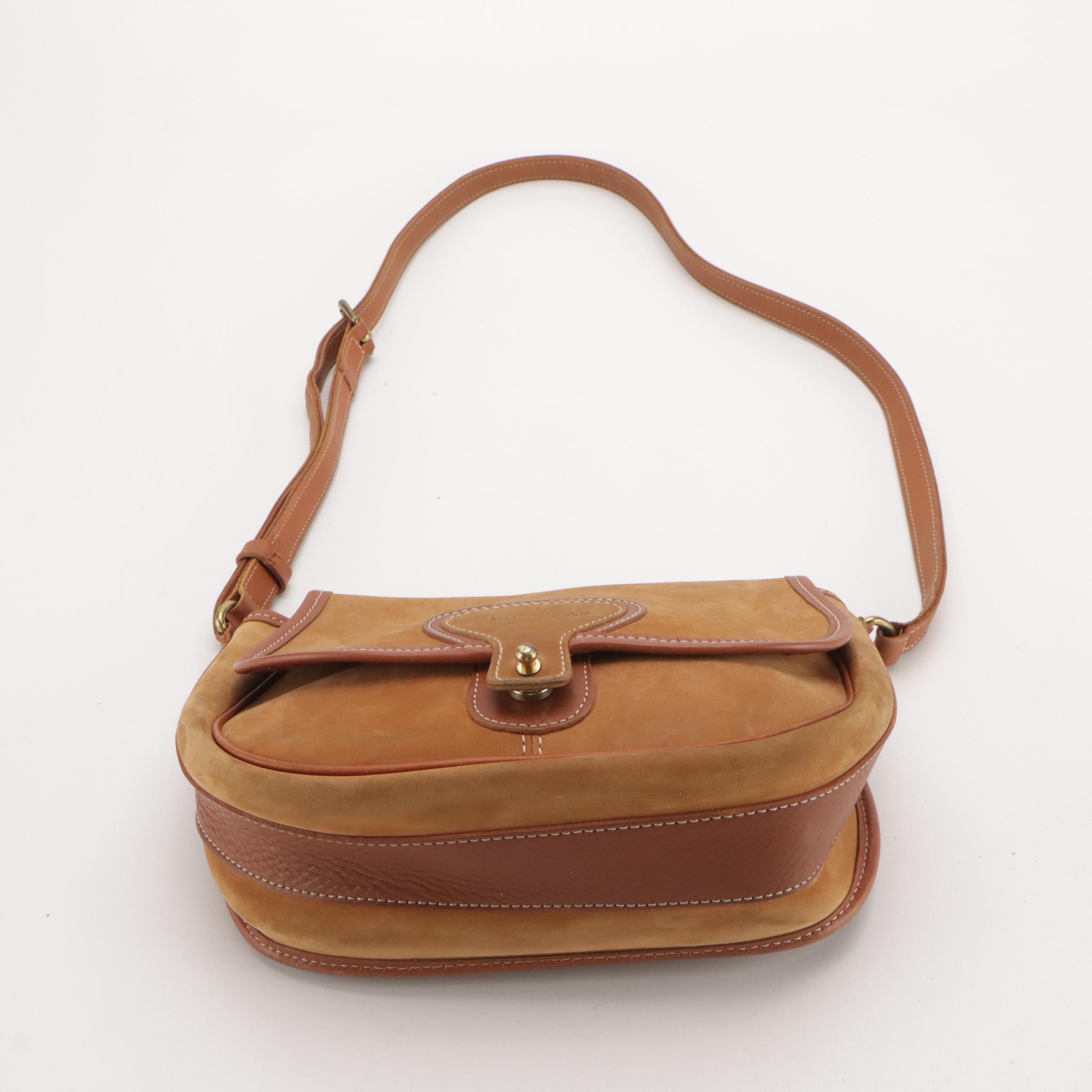 Burberrys Vintage Saddle Flap Crossbody in Caramel Brown Nubuck and Leather