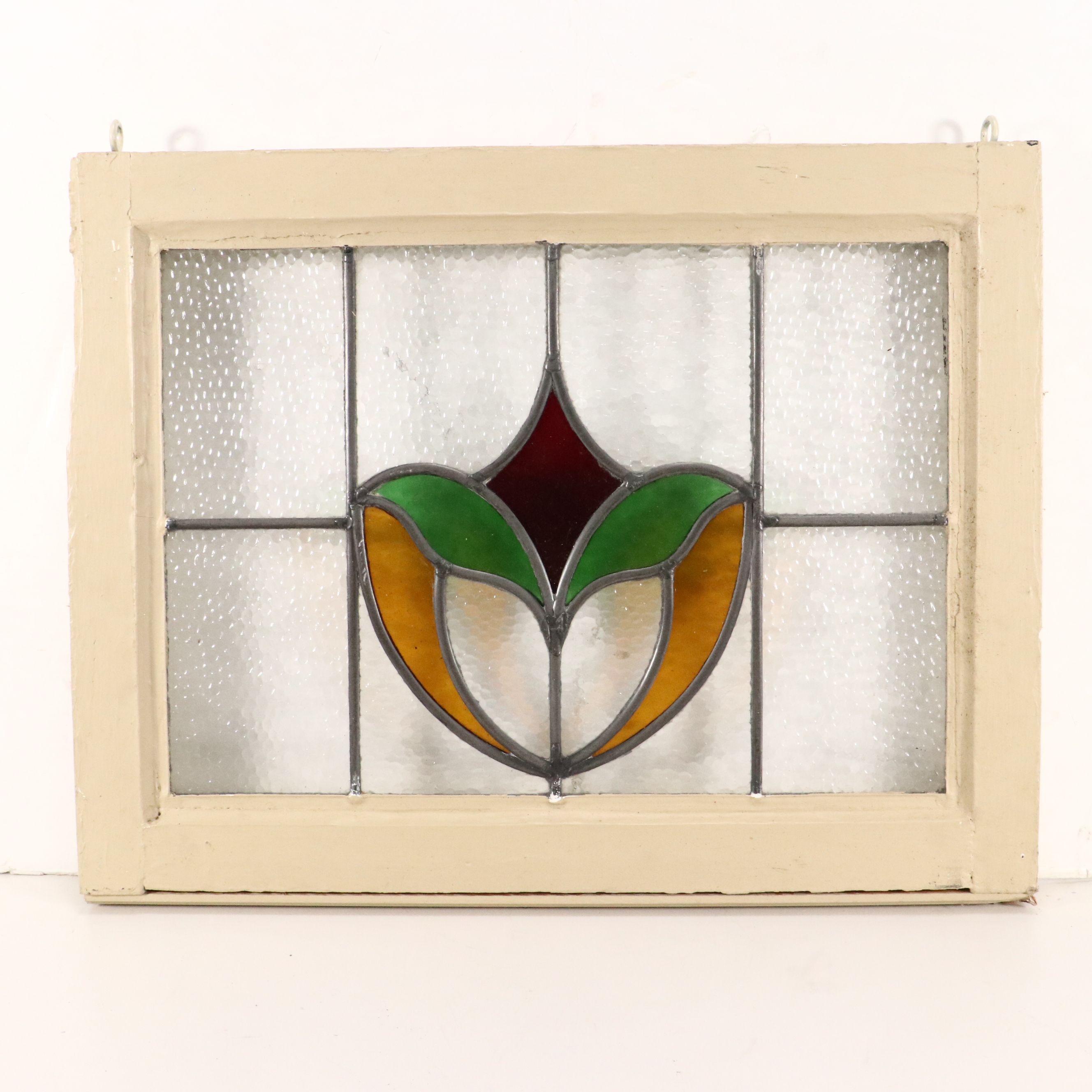 Framed Arts & Crafts Style Geometric Stained Lead Glass Window Panel