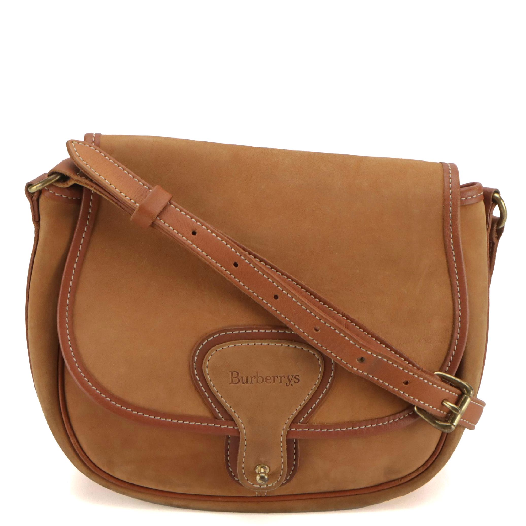 Burberrys Vintage Saddle Flap Crossbody in Caramel Brown Nubuck and Leather