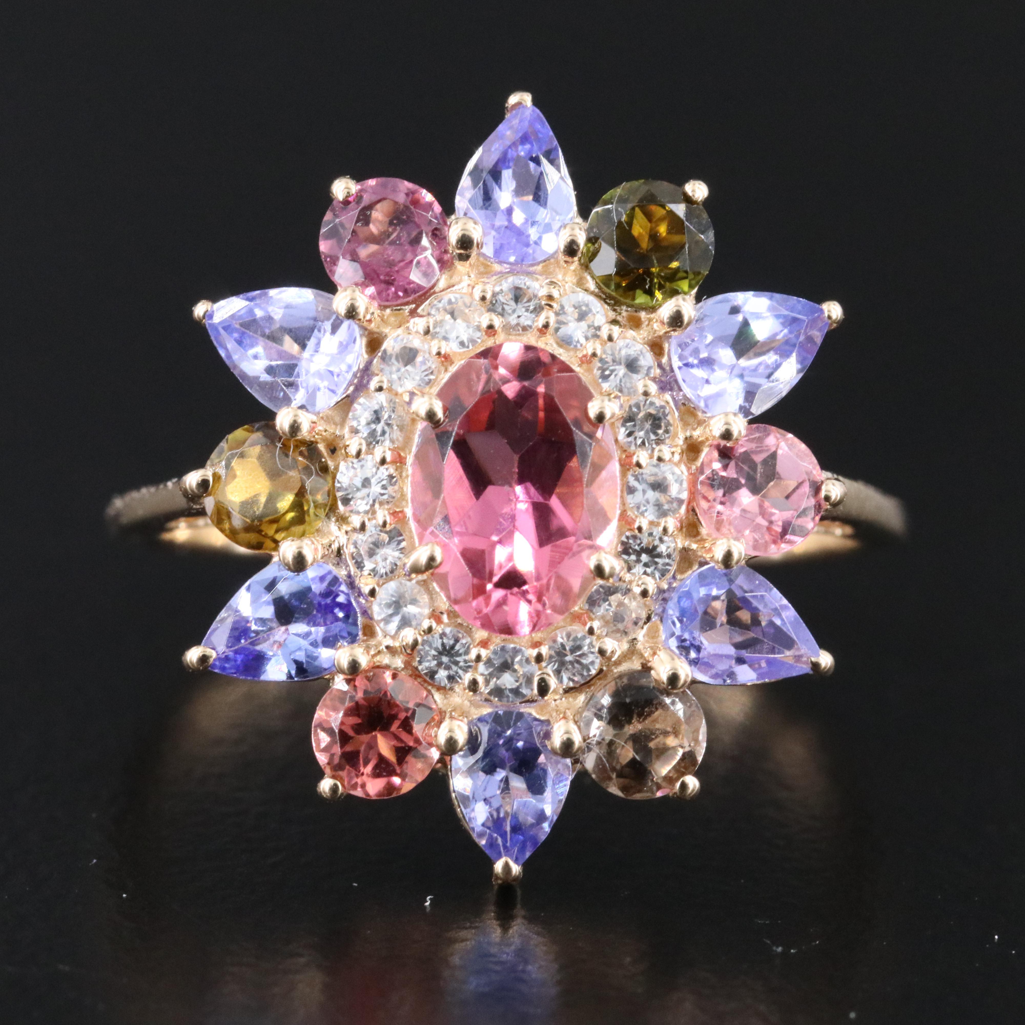 14K Tourmaline, Tanzanite and White Sapphire Ring