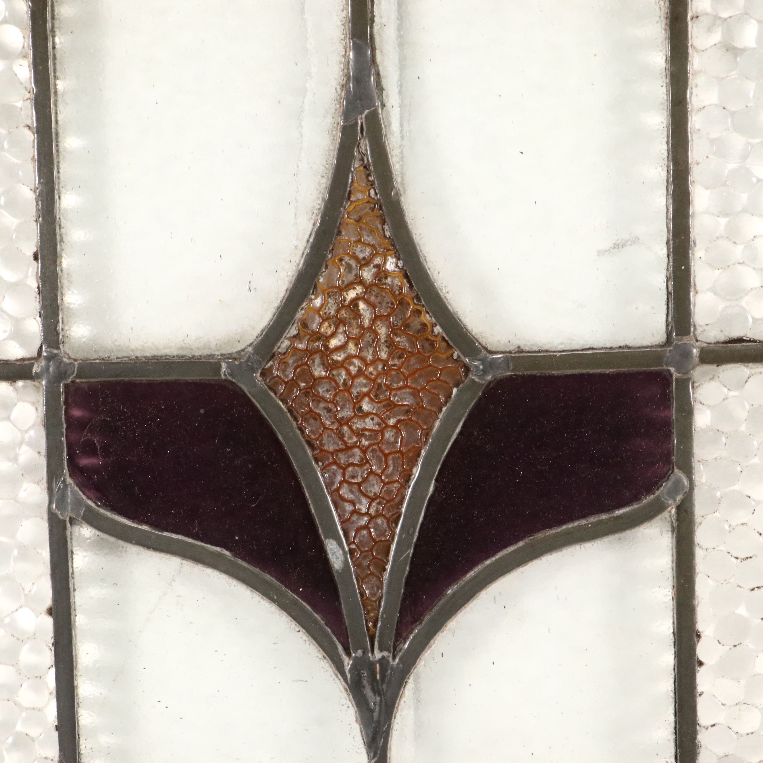 English Style Purple and Orange Stained Lead Glass Window Panel