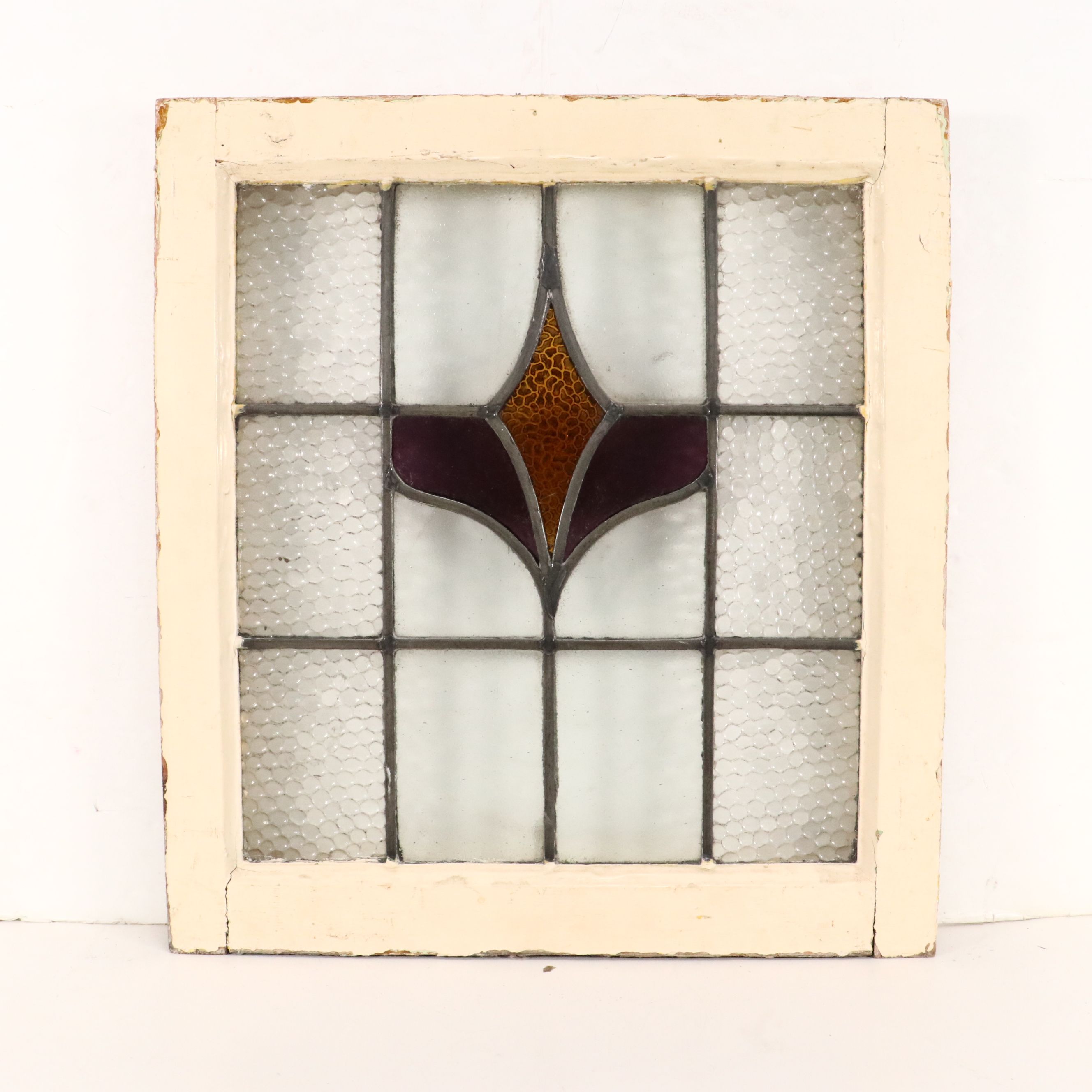 English Style Purple and Orange Stained Lead Glass Window Panel