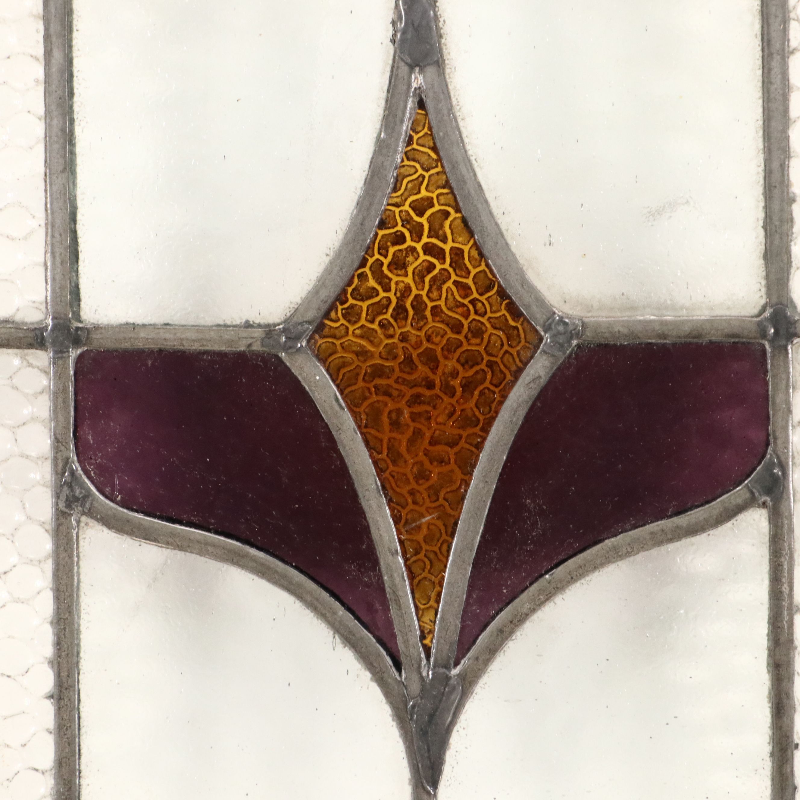English Style Purple and Orange Stained Lead Glass Window Panel