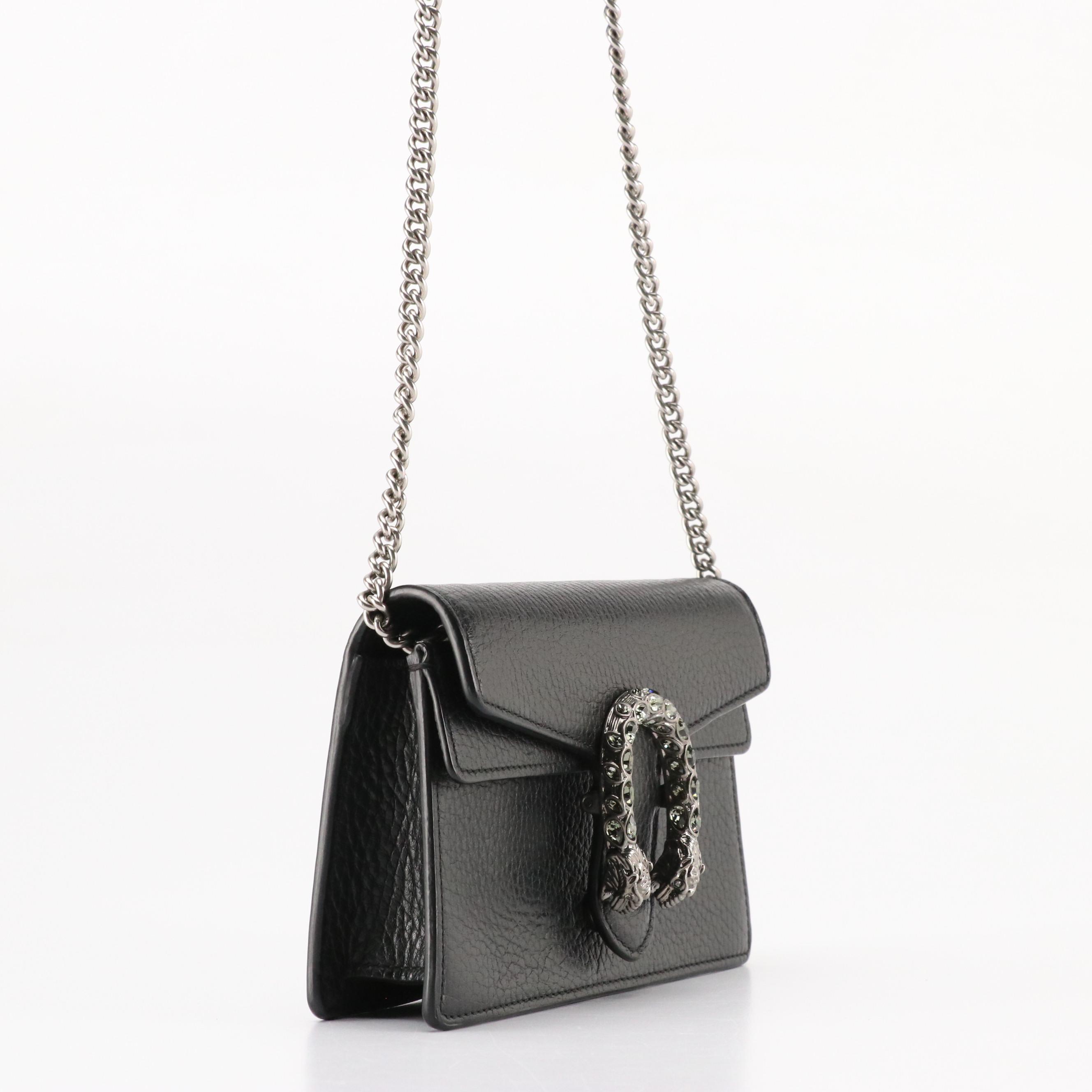 Gucci Super Mini Dionysus Crossbody Bag in Black Grained Leather