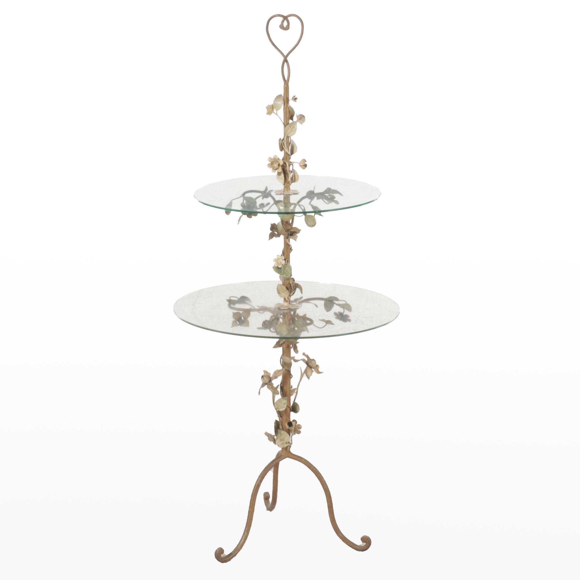 Hollywood Regency Style Two Tiered Glass Table with Metal Floral Decorations