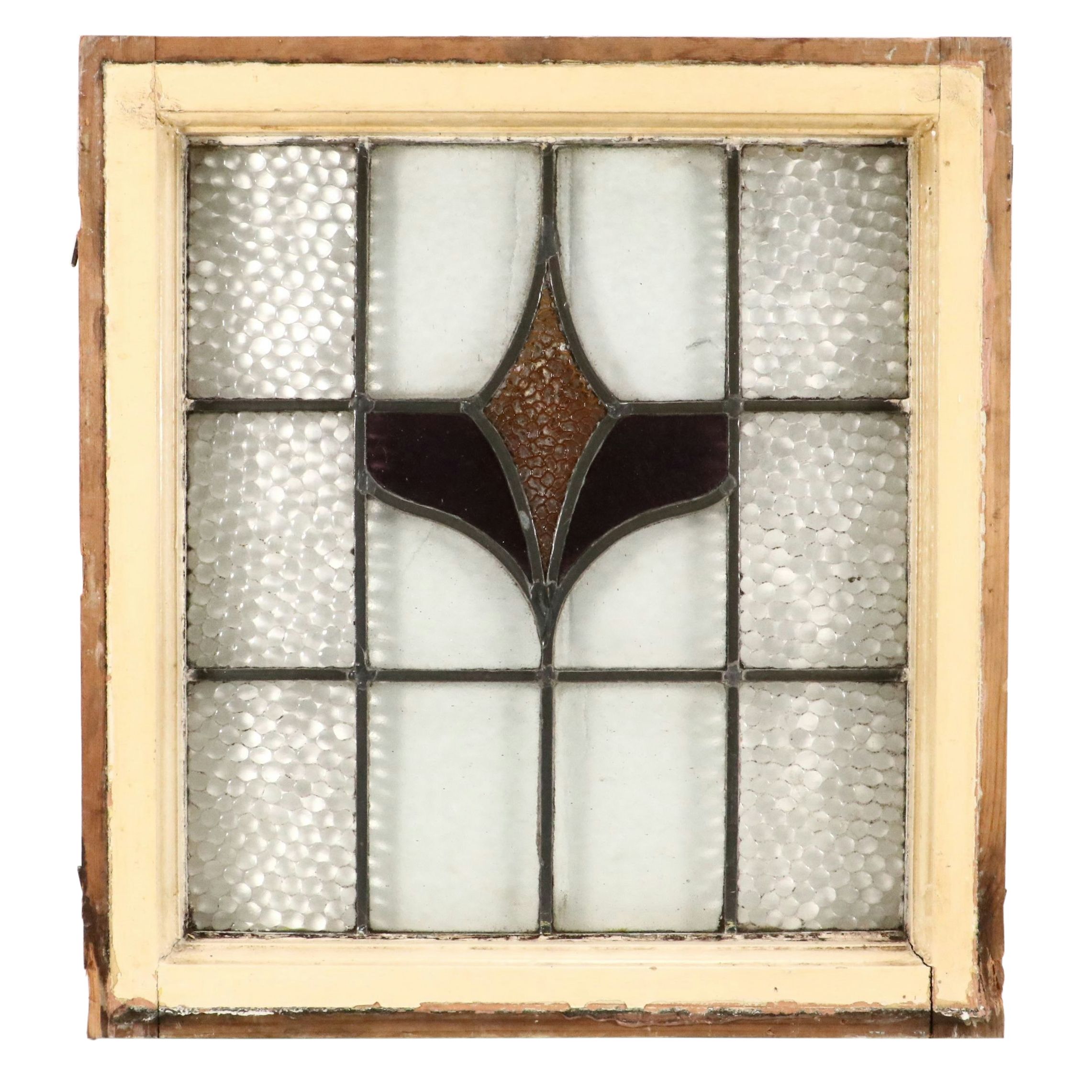 English Style Purple and Orange Stained Lead Glass Window Panel