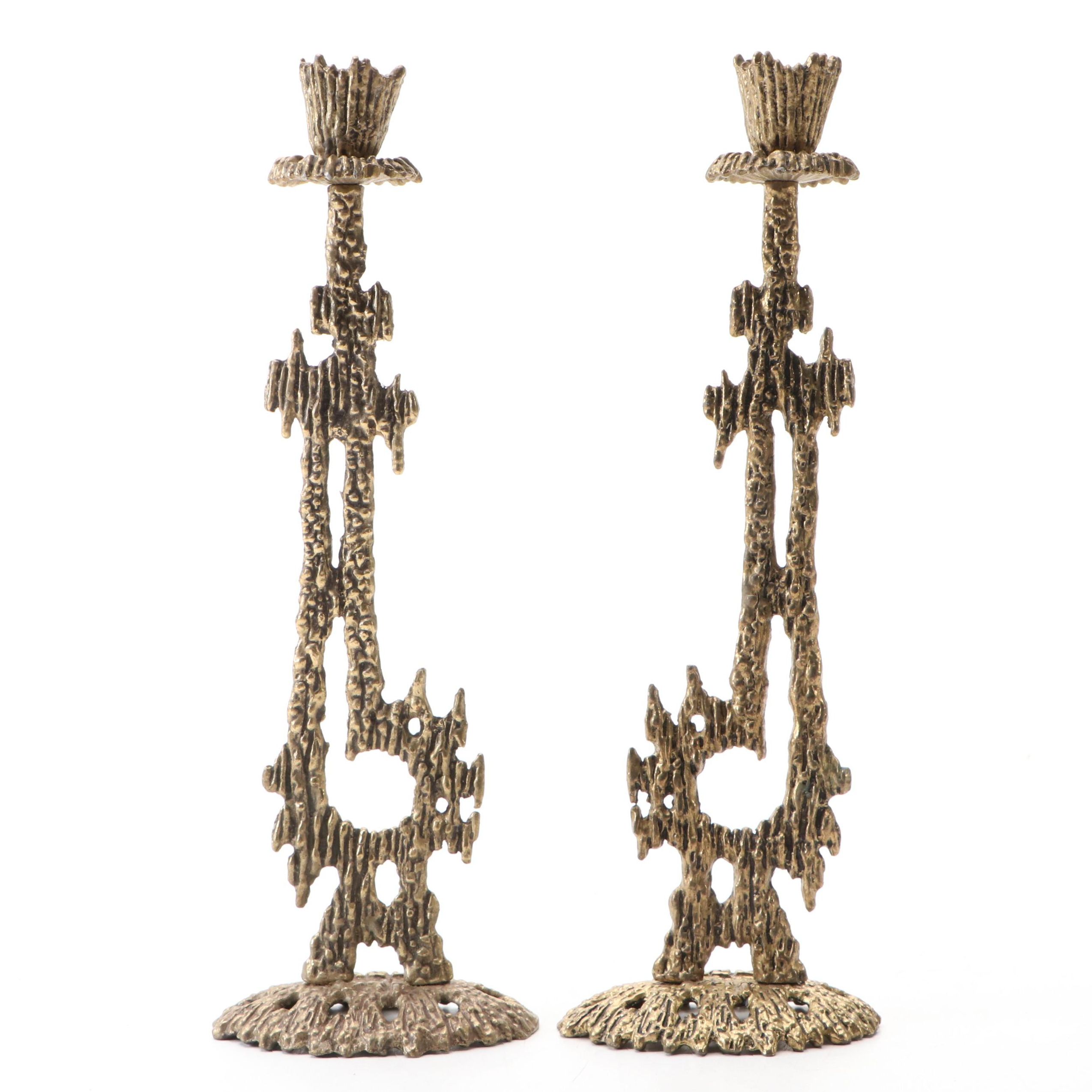 Pair of Wainberg Israeli Brass Shabbat Candlesticks, Mid-20th Century