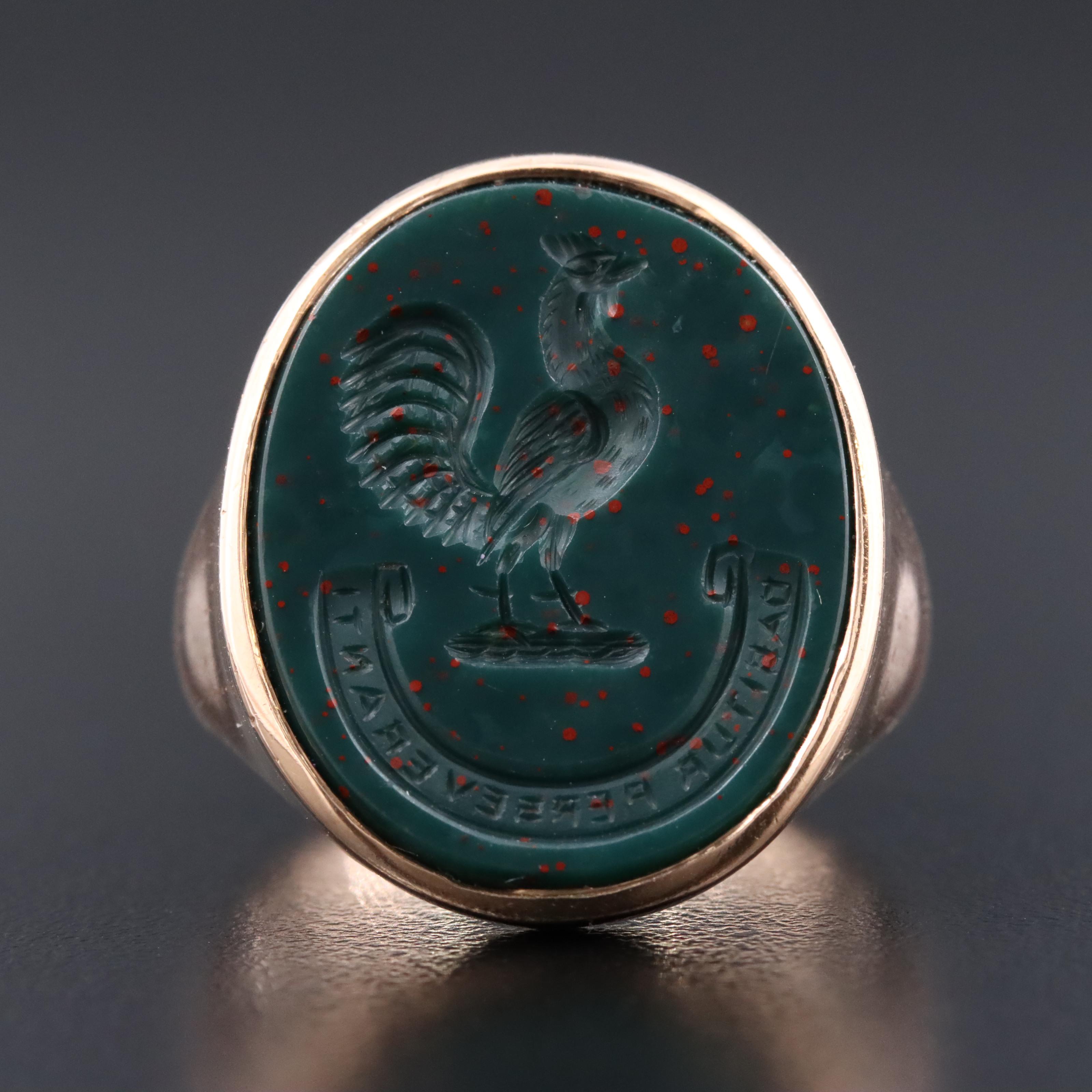 Vintage 10K Rose Gold Bloodstone Intaglio Ring with Latin Motto