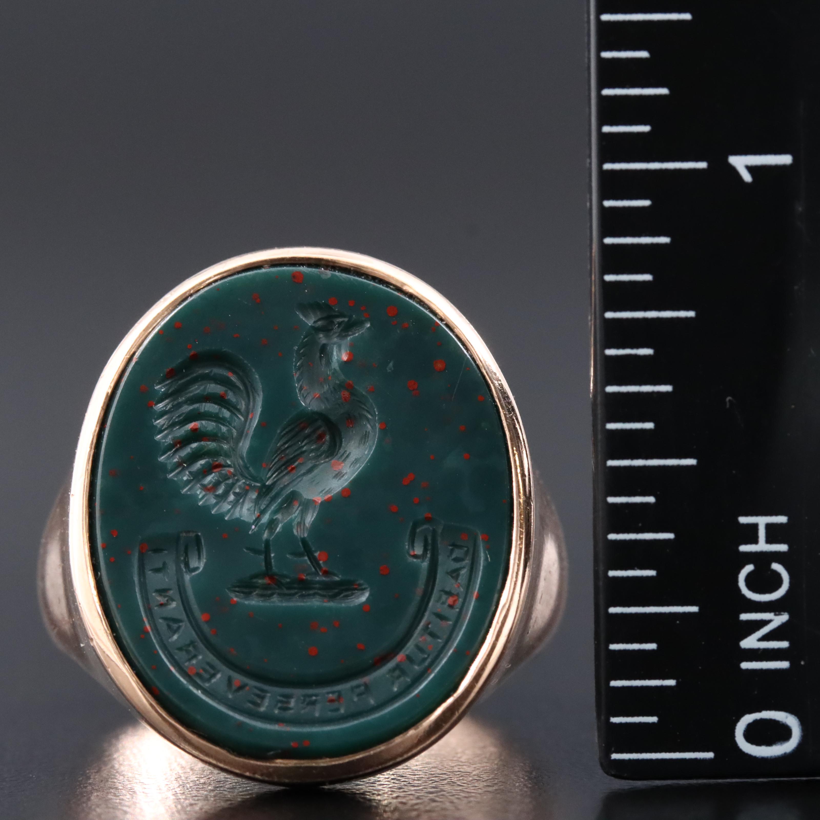Vintage 10K Rose Gold Bloodstone Intaglio Ring with Latin Motto