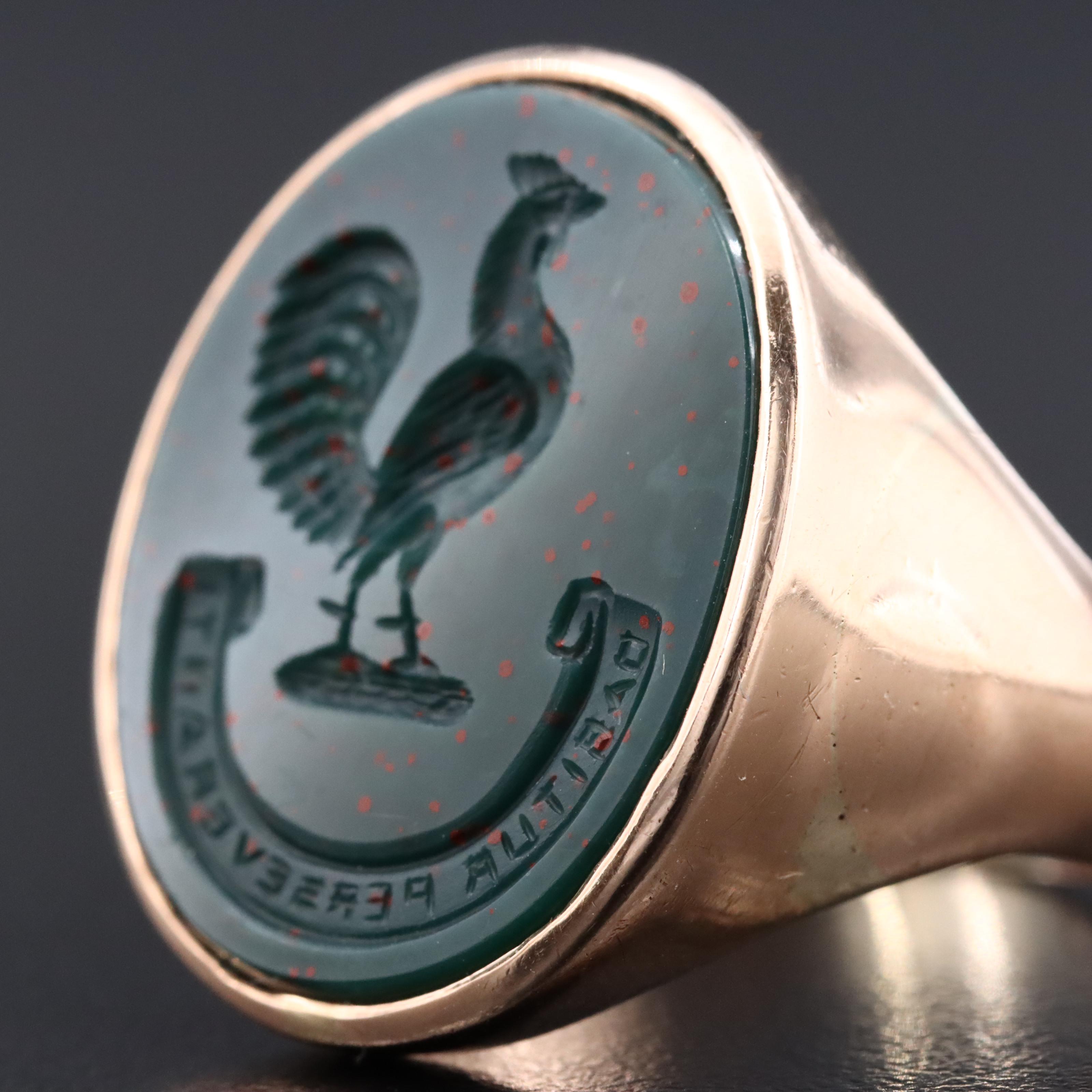 Vintage 10K Rose Gold Bloodstone Intaglio Ring with Latin Motto