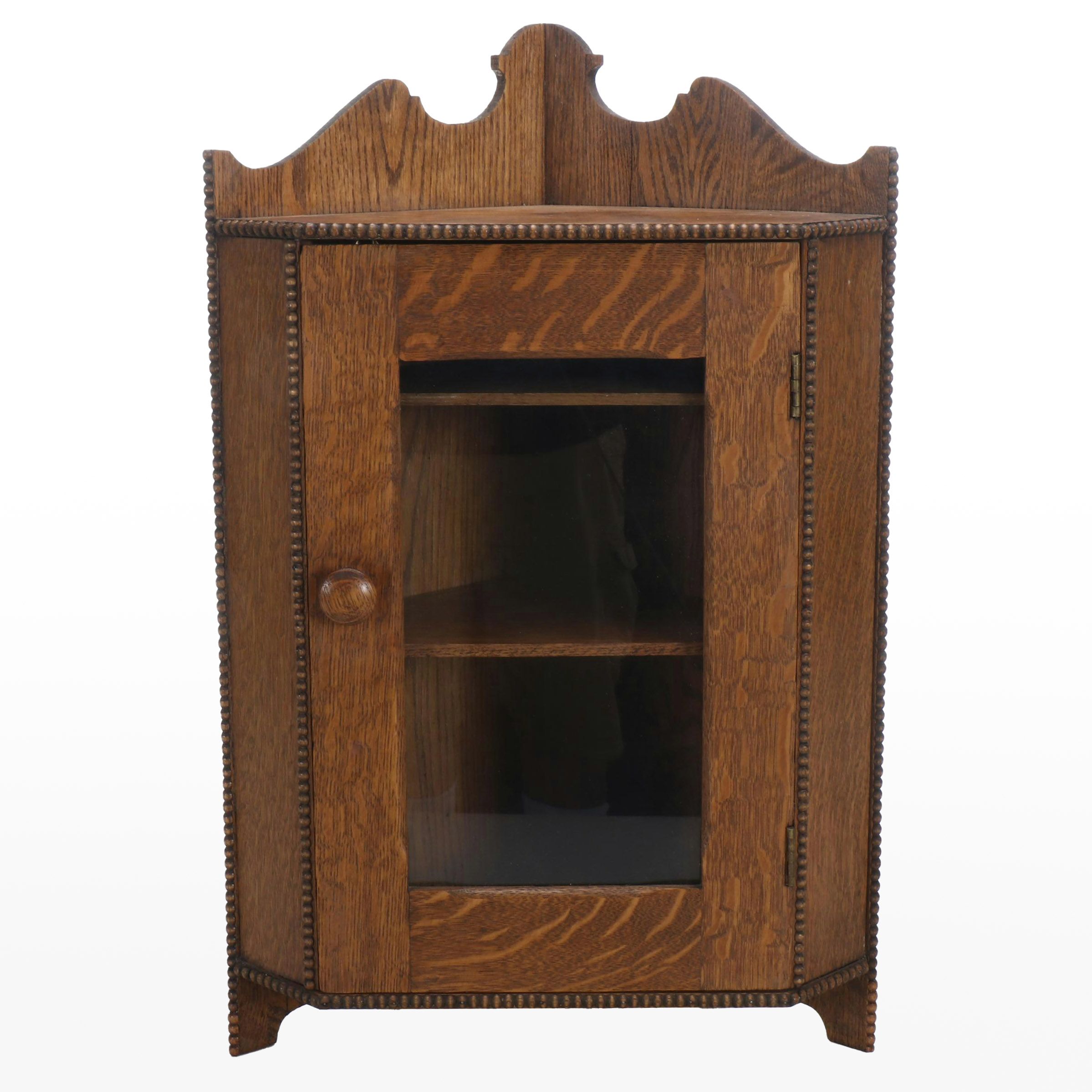 Victorian Style Tiger Oak Glass Front Hanging Corner Cabinet