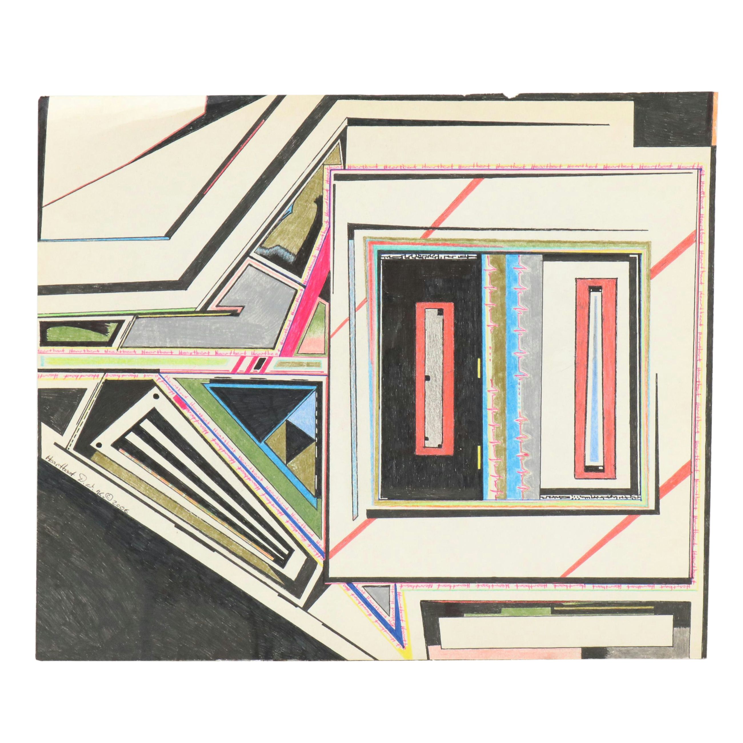 Abstract Geometric Mixed Media Drawing "Heartbeat," 2006